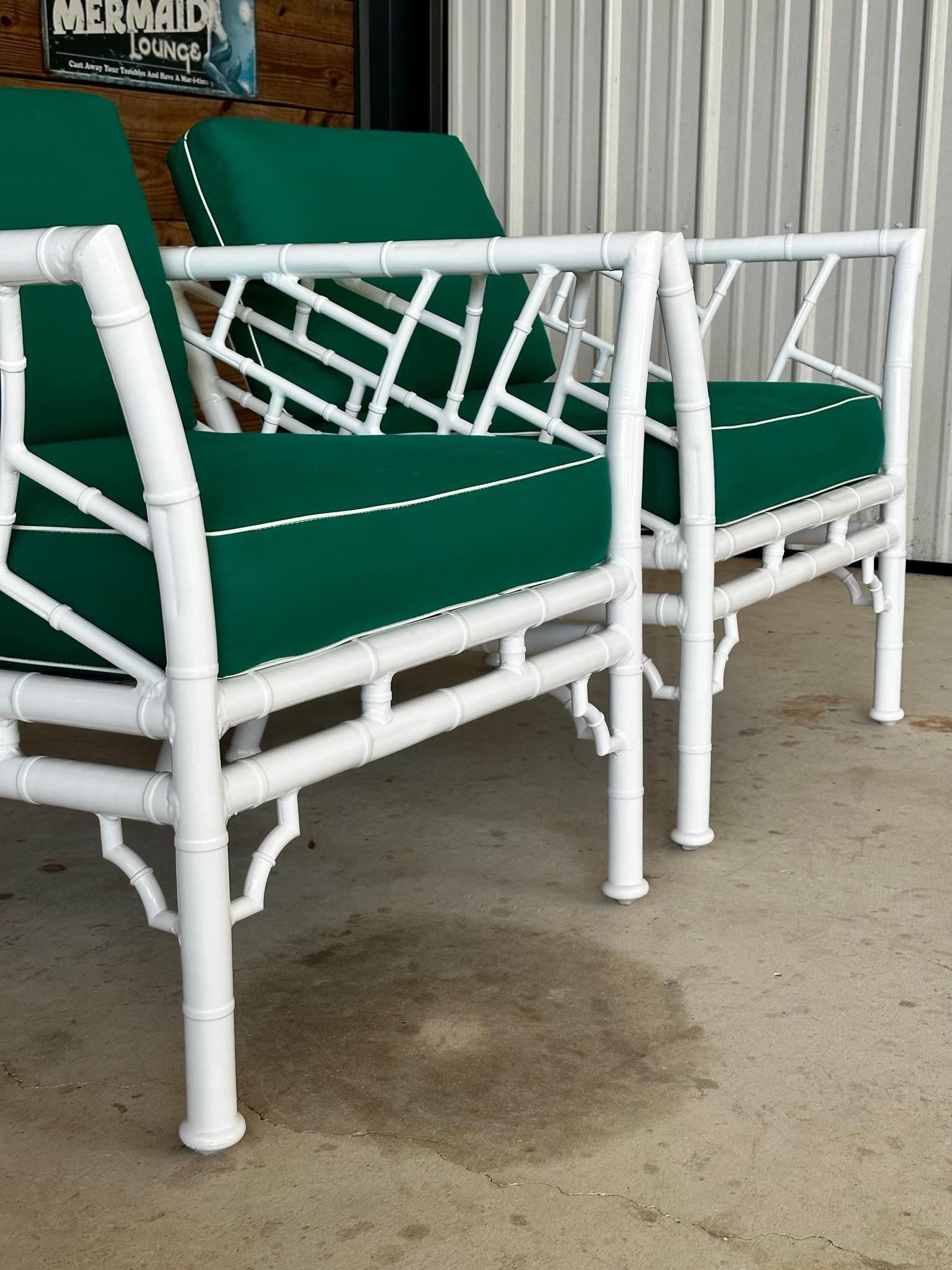 Coastal Regency Faux Bamboo Aluminum Club Lounge Chairs by Meadowcraft In Good Condition In North Fort Myers, FL