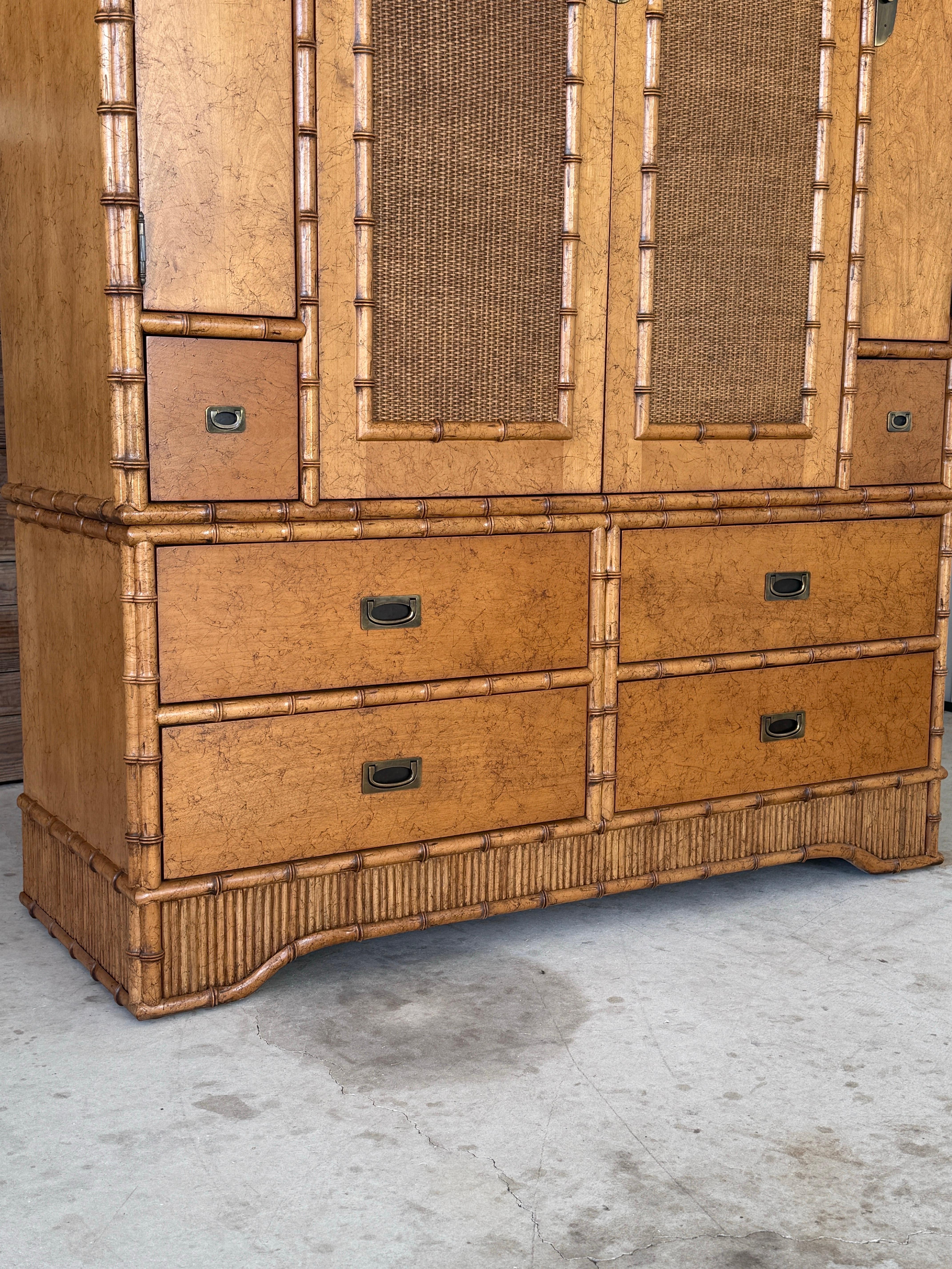 British Colonial Coastal Regency Faux Bamboo and Cane Armoire by Miller Yee Fong for Ficks Reed