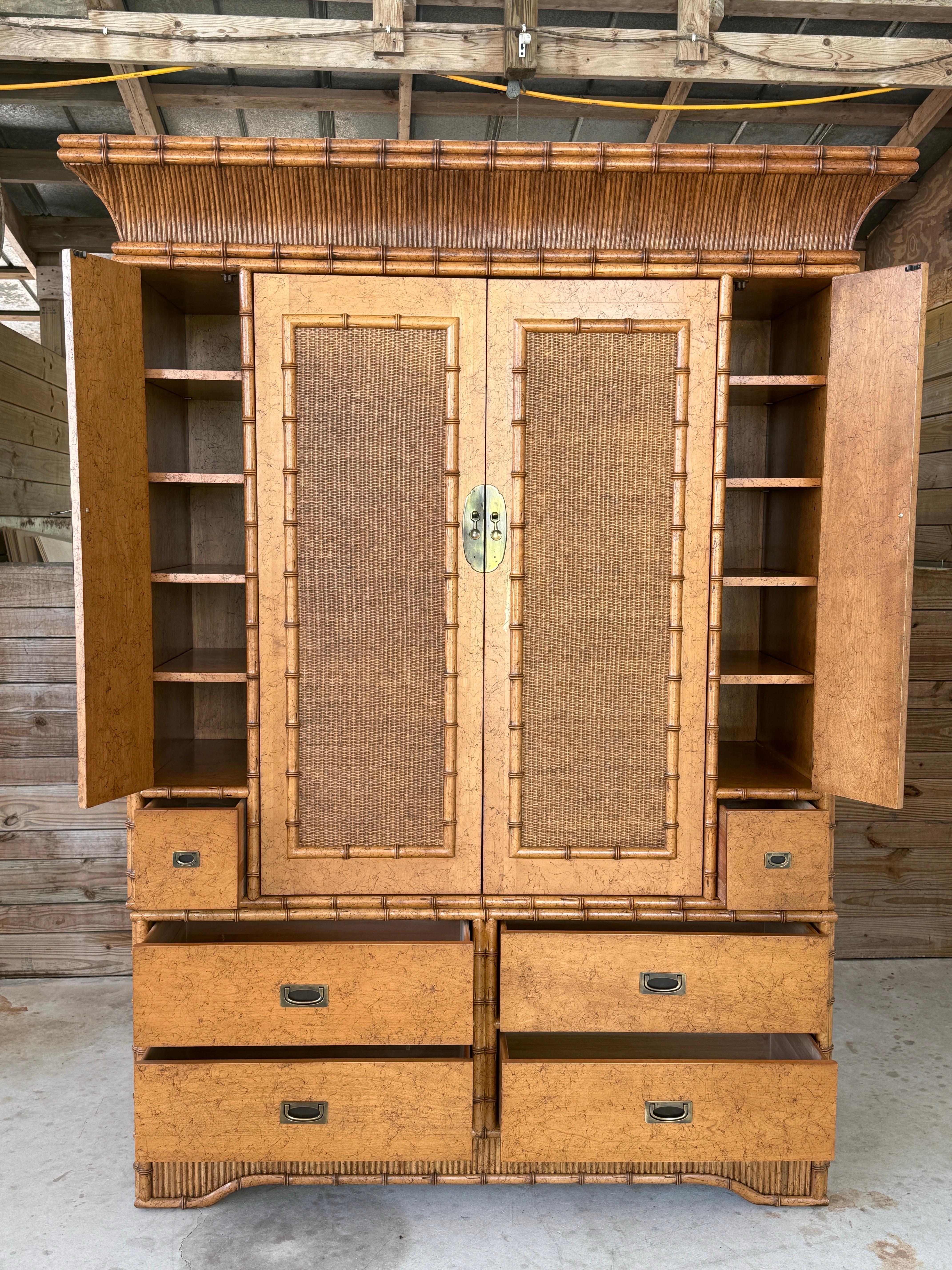 Coastal Regency Faux Bamboo and Cane Armoire by Miller Yee Fong for Ficks Reed 1