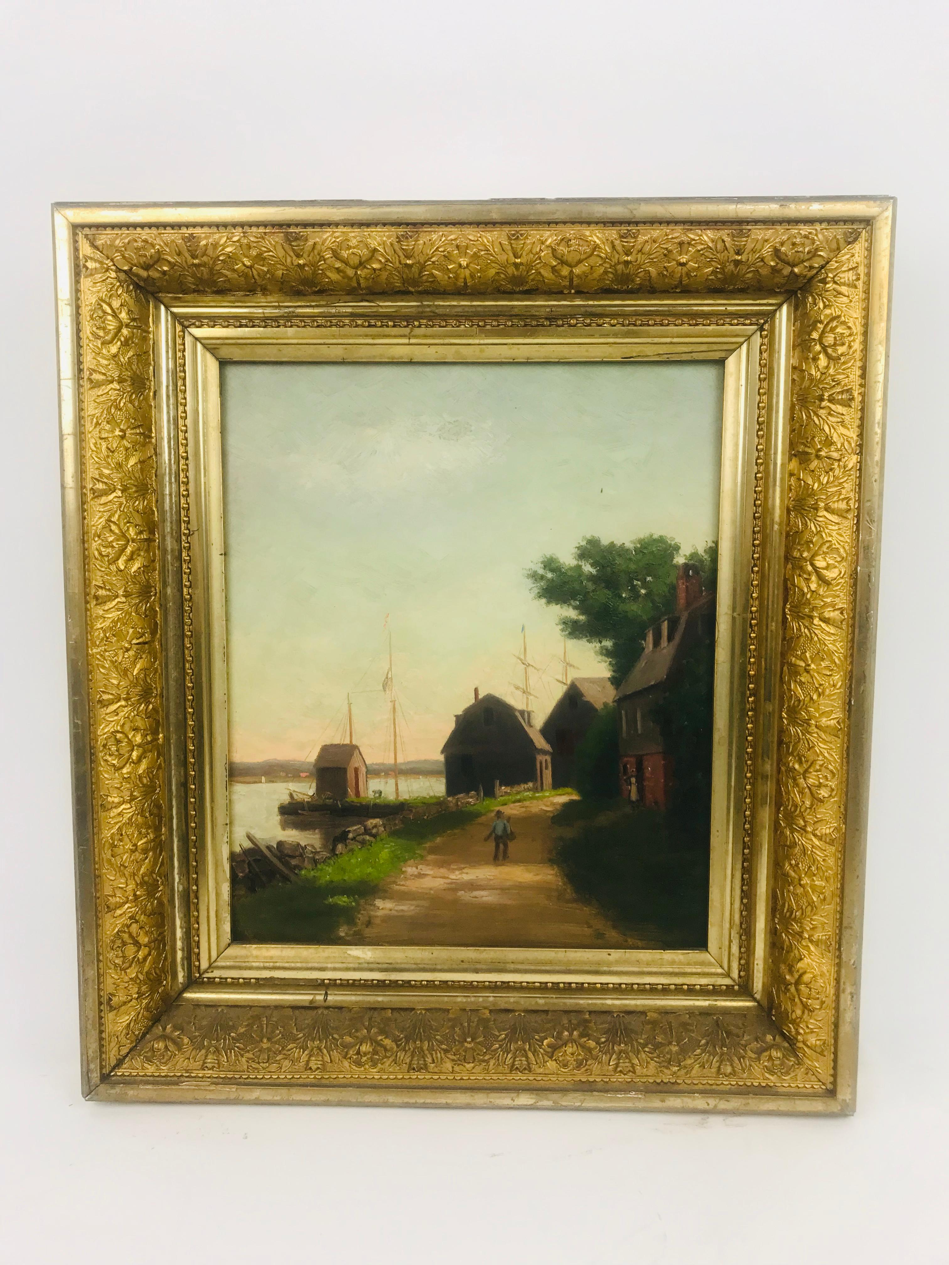 A scenic and realistic oil painting by S.L. Brackett. A Fairweather scene captures the beauty of the coast of a small seaside town. A man walks the path alone with arms at his side as if absorbing the beauty of it all through his finger tips, like a