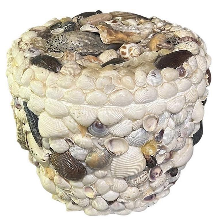 American Coastal Sea Shell Encrusted Ice Bucket with Lid - 1970s For Sale