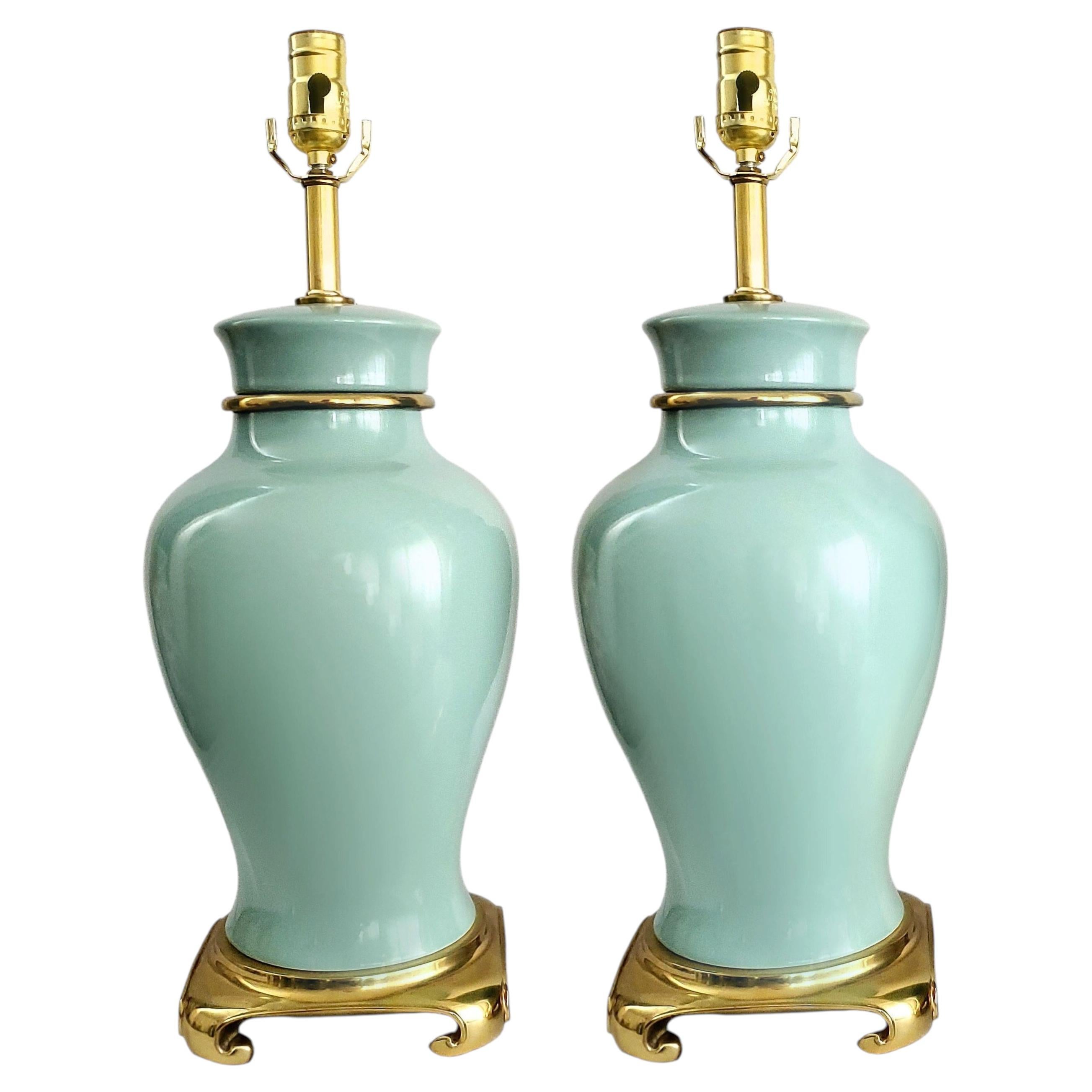 Coastal Soft Turquoise Porcelain and Brass Table Lamps - a Pair