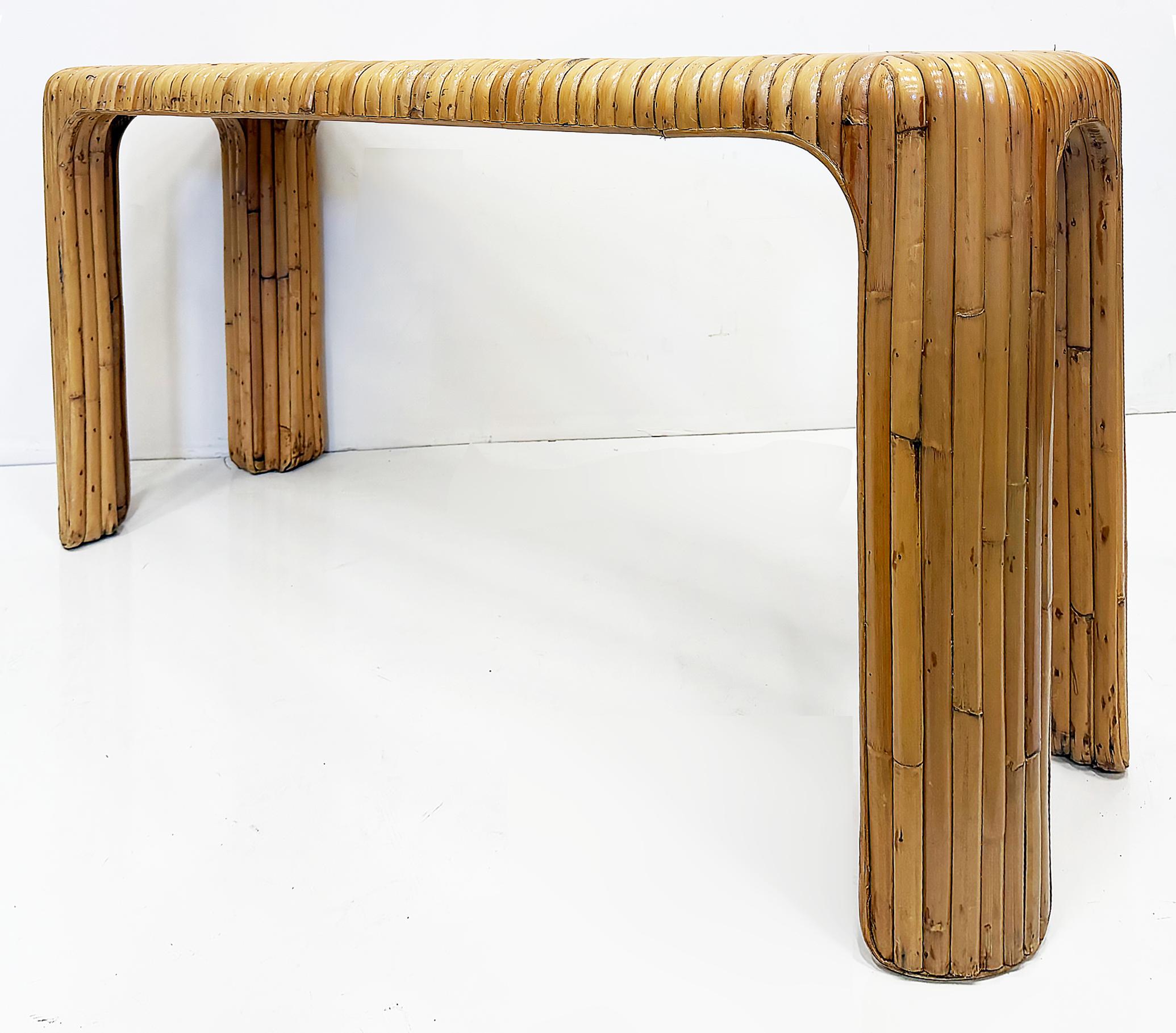 20th Century Coastal Split Reed Console Sofa Table with Waterfall Edges For Sale