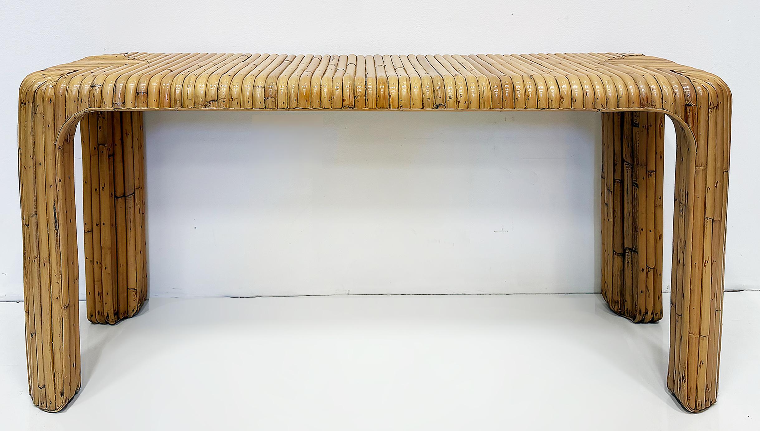 Coastal Split Reed Console Sofa Table with Waterfall Edges For Sale 5