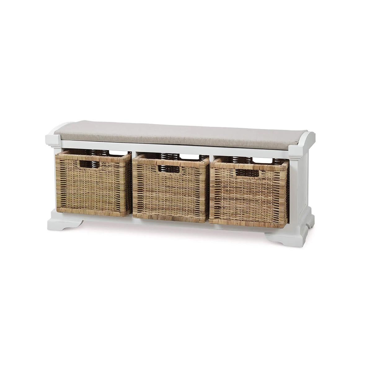 With an elegant Architectural White painted finish, it offers a clean, coastal aesthetic, beautifully contrasted by three Rattan Natural finish baskets that add a touch of rustic charm. The Camelot Performance Fabric cushion ensures a comfortable