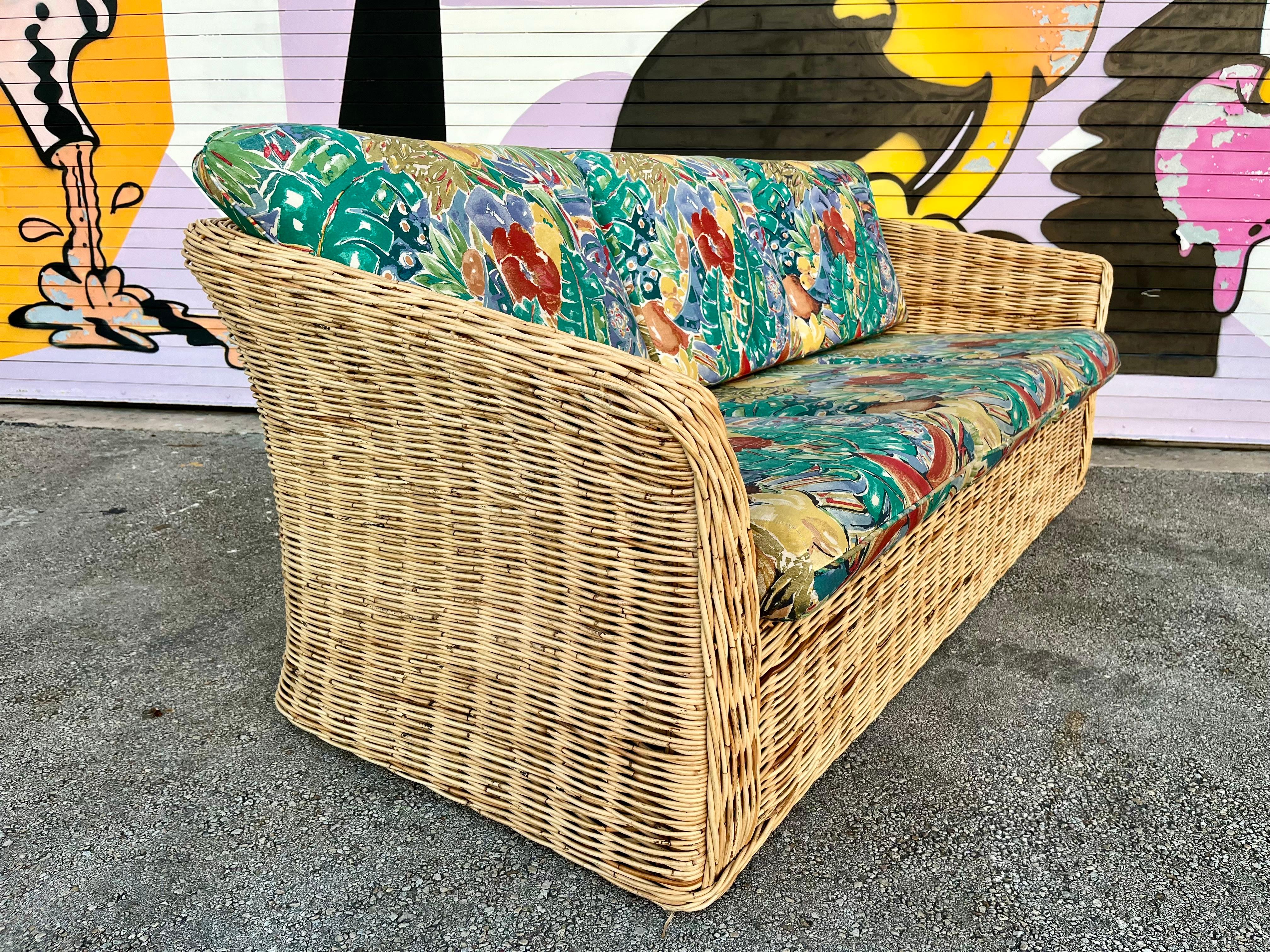 Coastal Style / Bohemian Woven Wicker Three Seat Sofa. Circa 1980s  For Sale 5