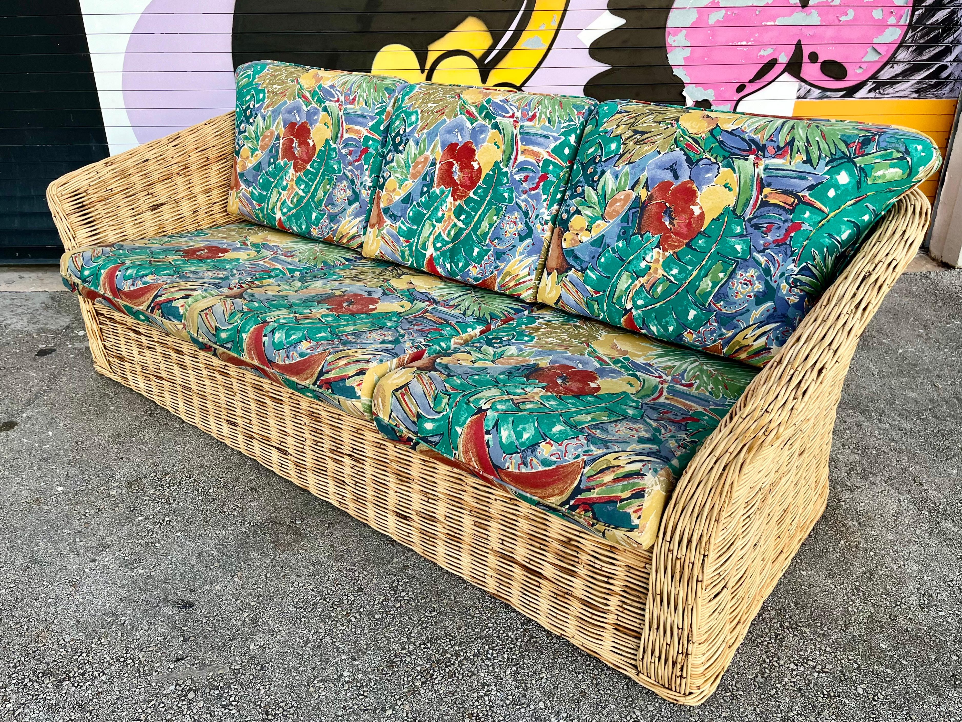 Coastal Style / Bohemian Woven Wicker Three Seat Sofa. Circa 1980s  For Sale 13