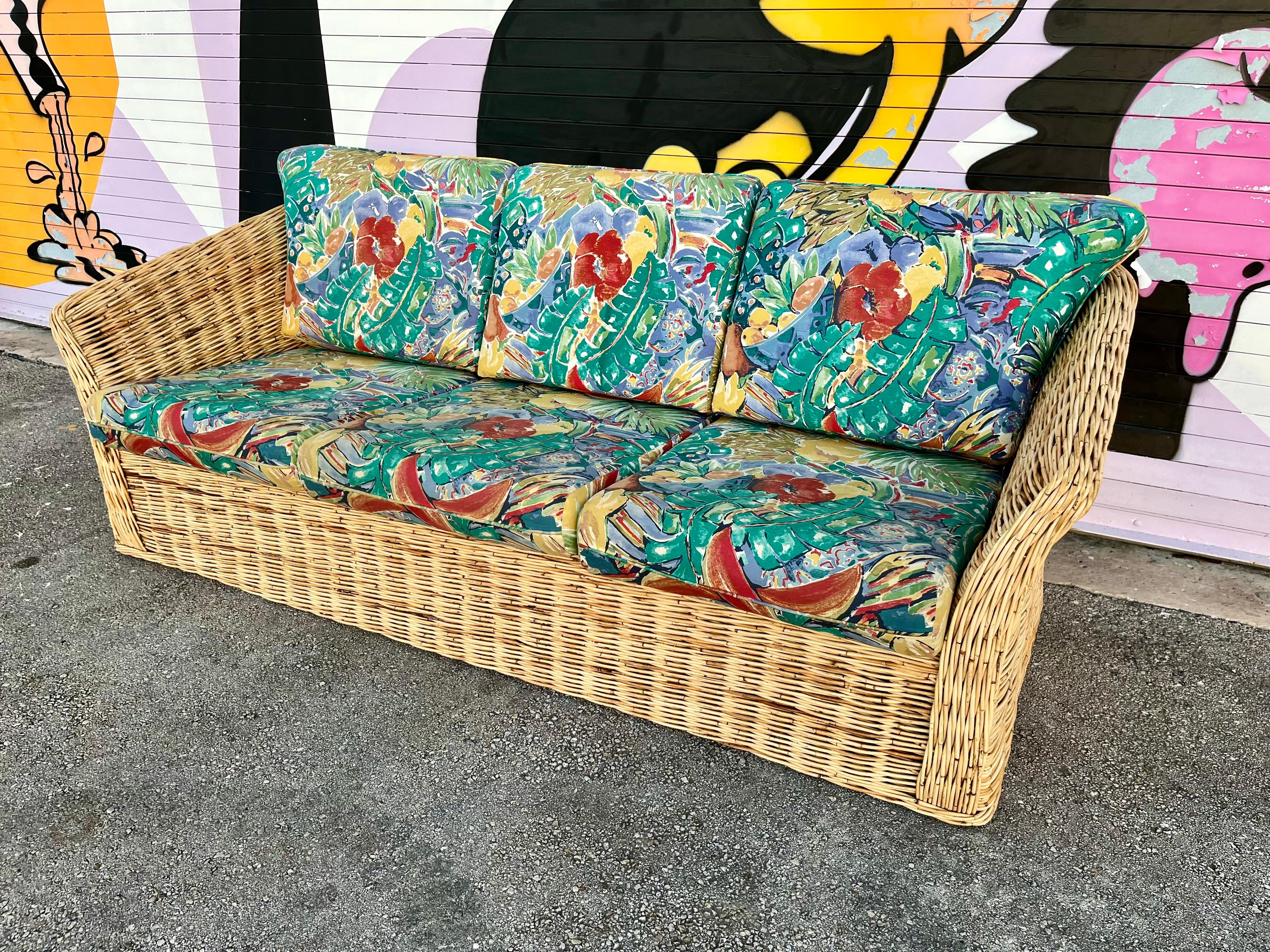 Thai Coastal Style / Bohemian Woven Wicker Three Seat Sofa. Circa 1980s  For Sale