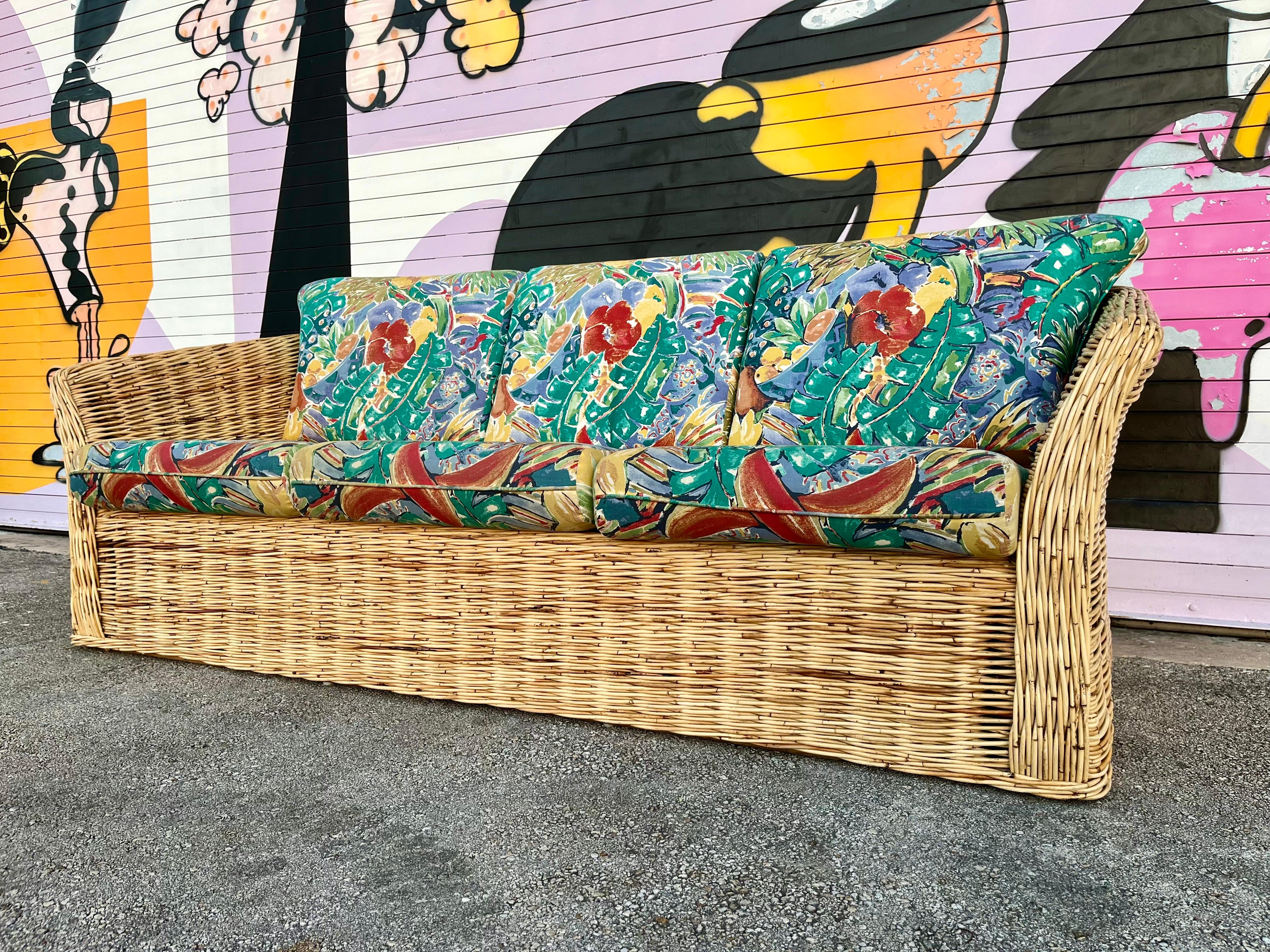 Coastal Style / Bohemian Woven Wicker Three Seat Sofa. Circa 1980s  In Good Condition For Sale In Miami, FL