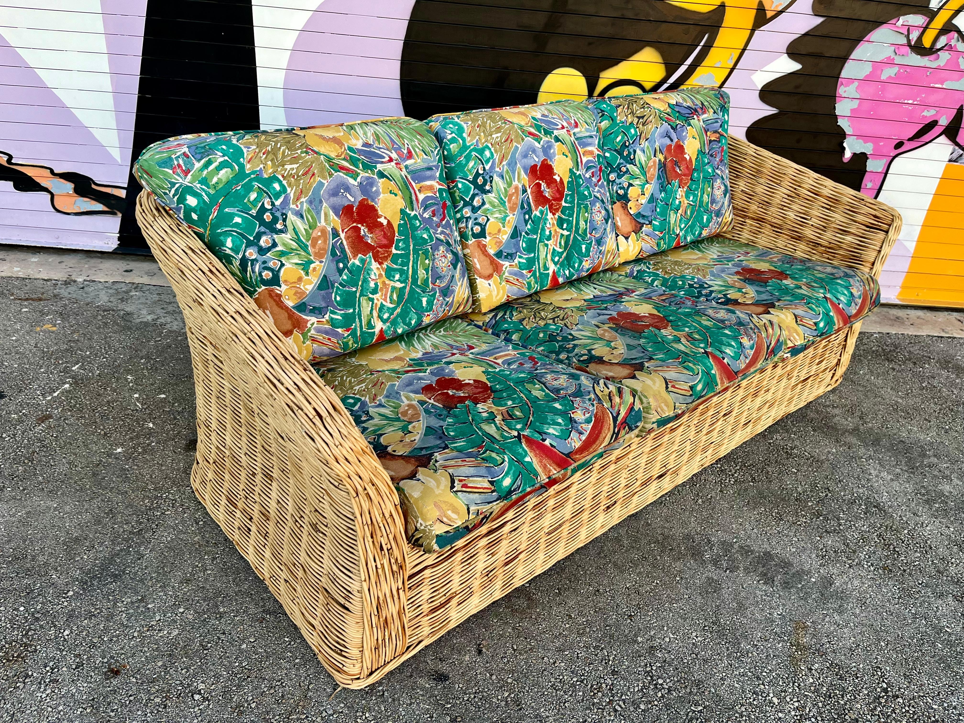 Upholstery Coastal Style / Bohemian Woven Wicker Three Seat Sofa. Circa 1980s  For Sale