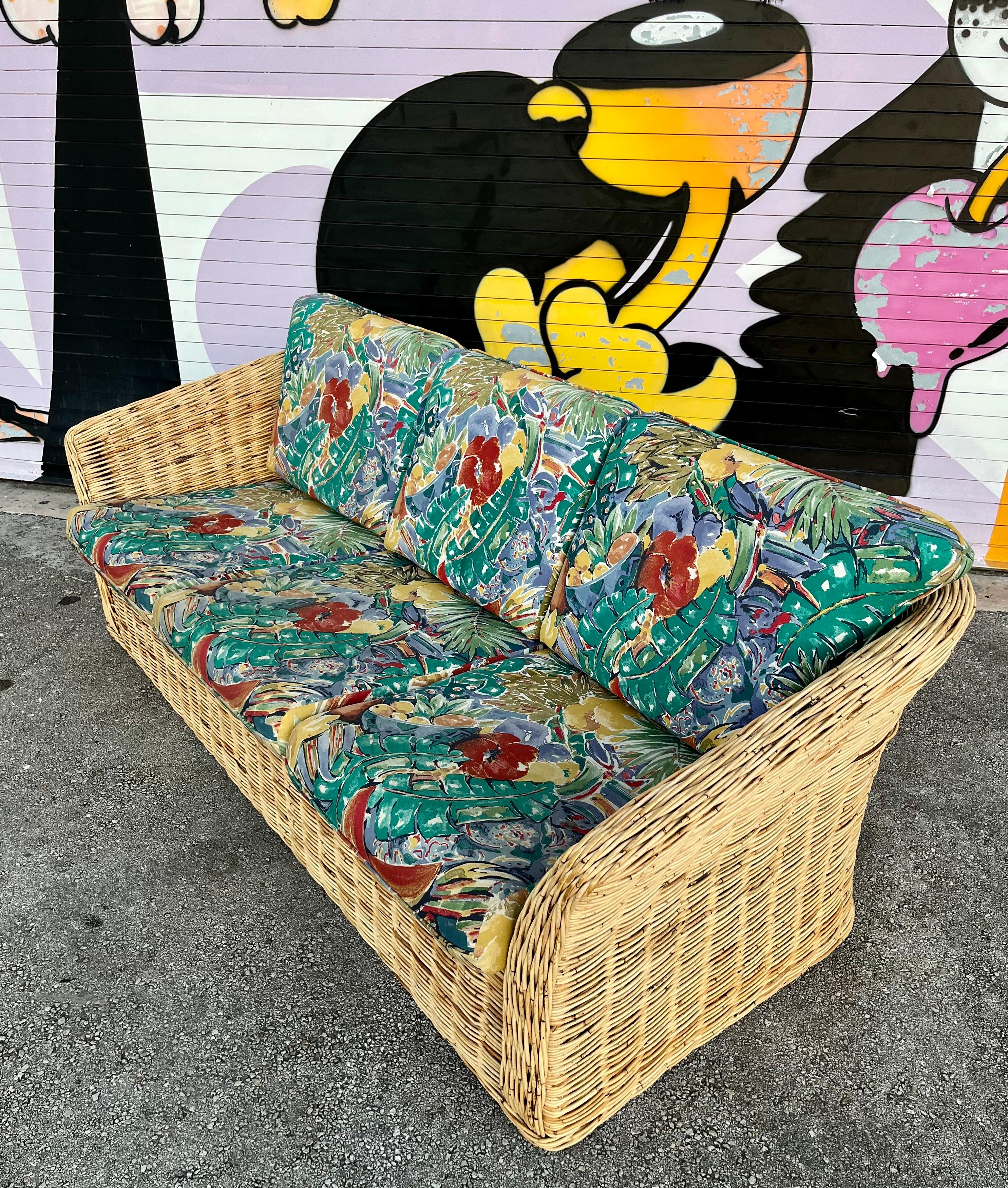 Coastal Style / Bohemian Woven Wicker Three Seat Sofa. Circa 1980s  For Sale 2