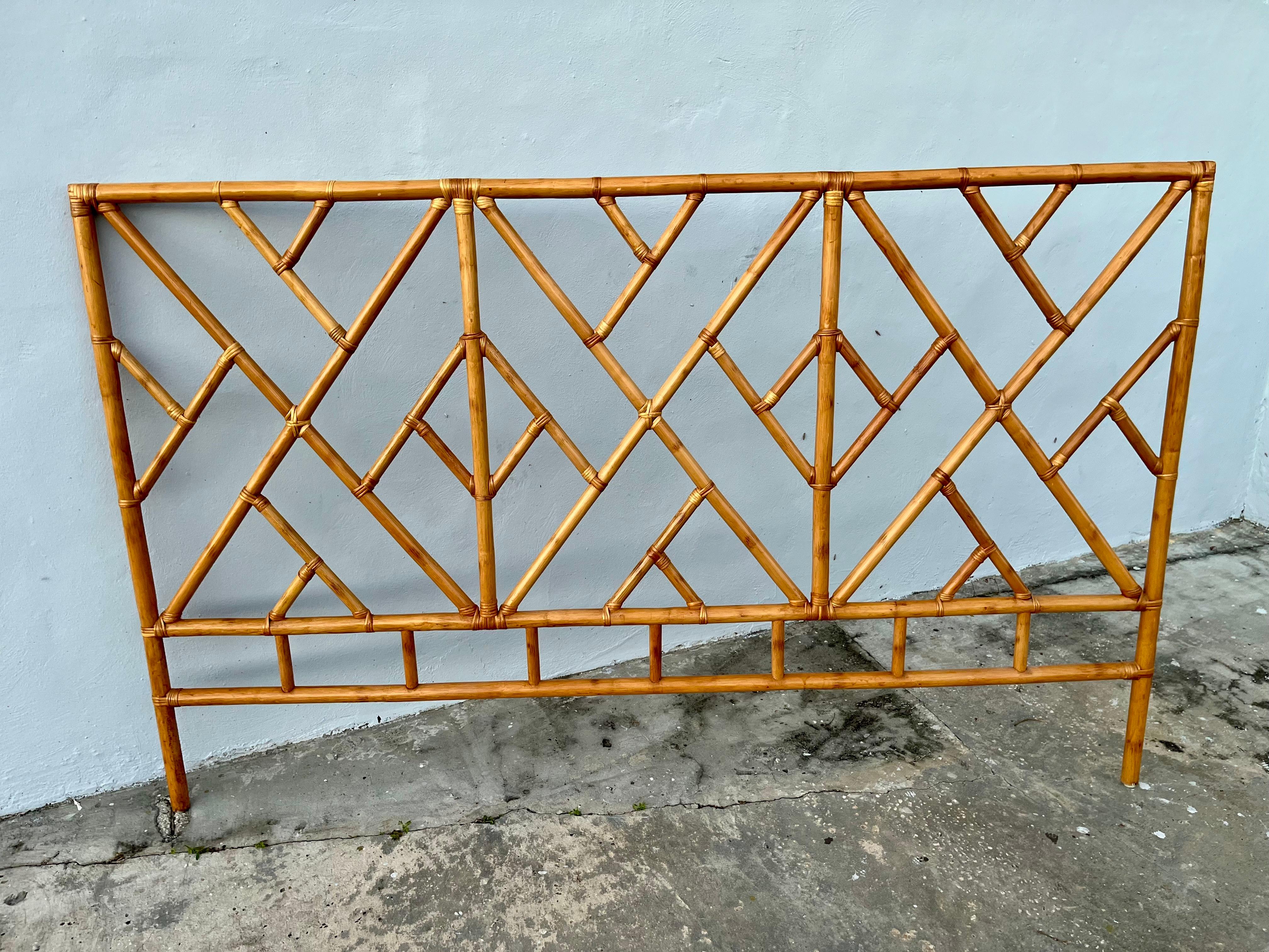 Coastal Style Boho Chic Bamboo and Rattan Queen Size Bed Headboard. Circa 1980s For Sale 3