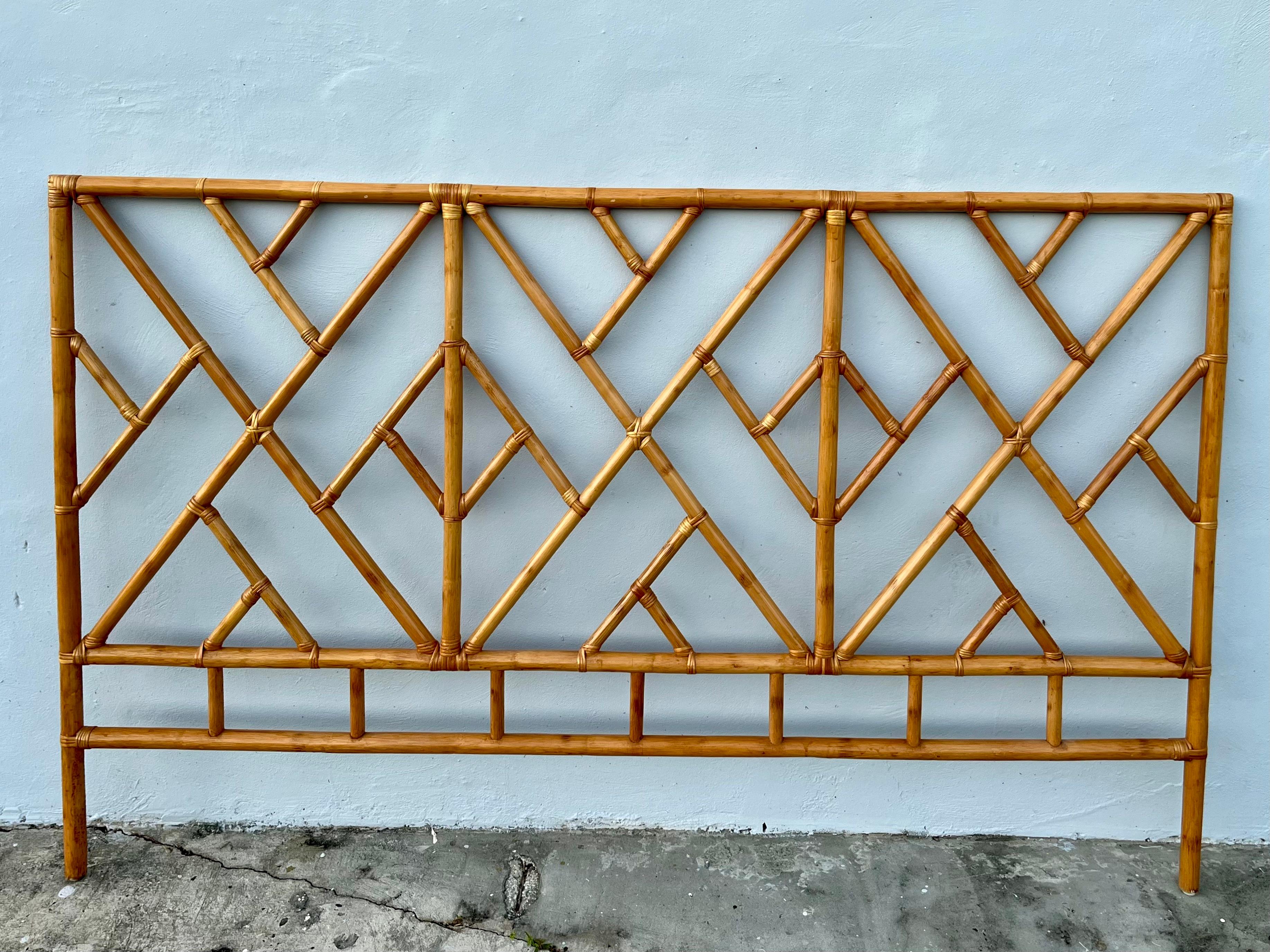Bohemian Coastal Style Boho Chic Bamboo and Rattan Queen Size Bed Headboard. Circa 1980s For Sale