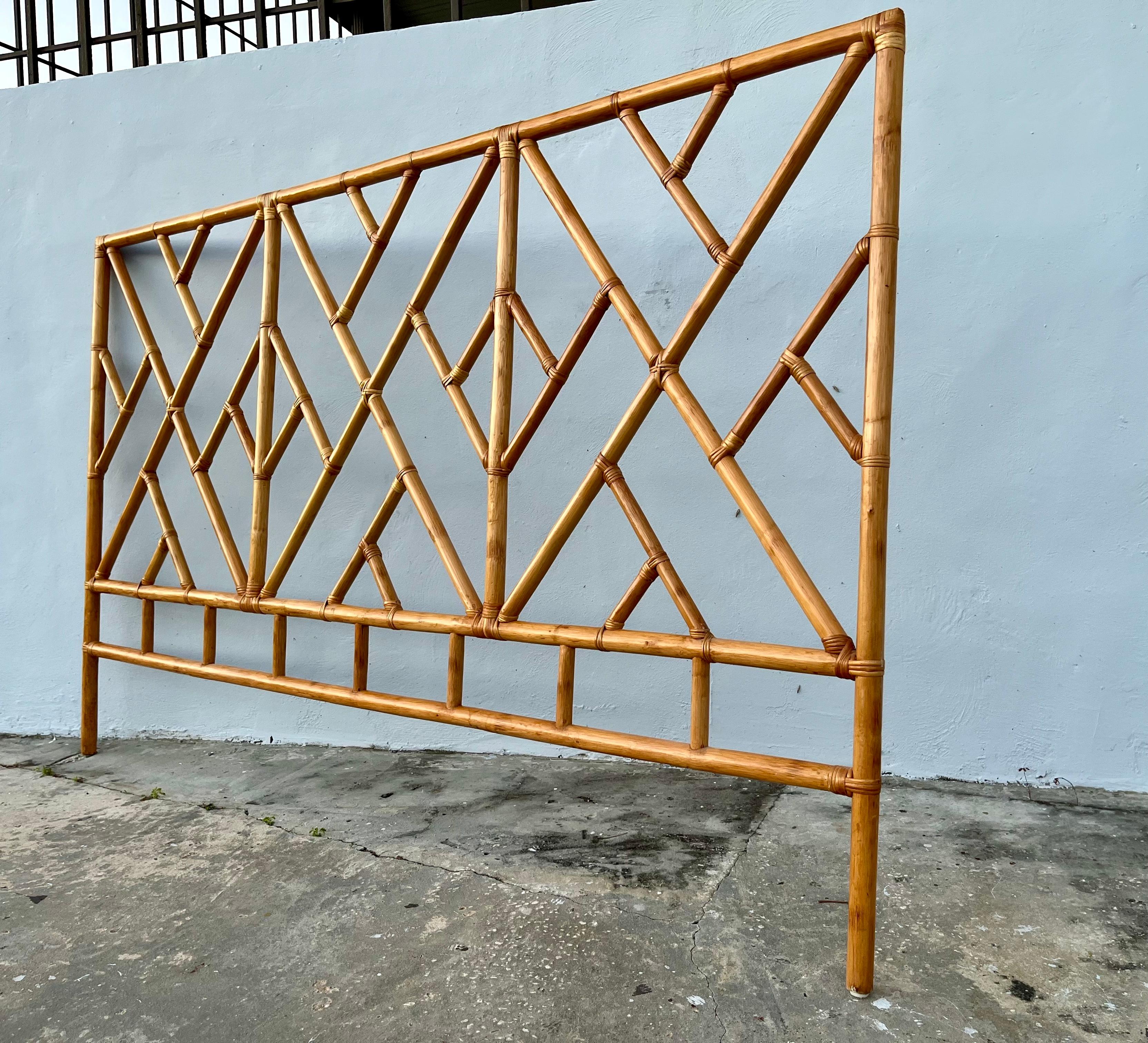 Coastal Style Boho Chic Bamboo and Rattan Queen Size Bed Headboard. Circa 1980s For Sale 2