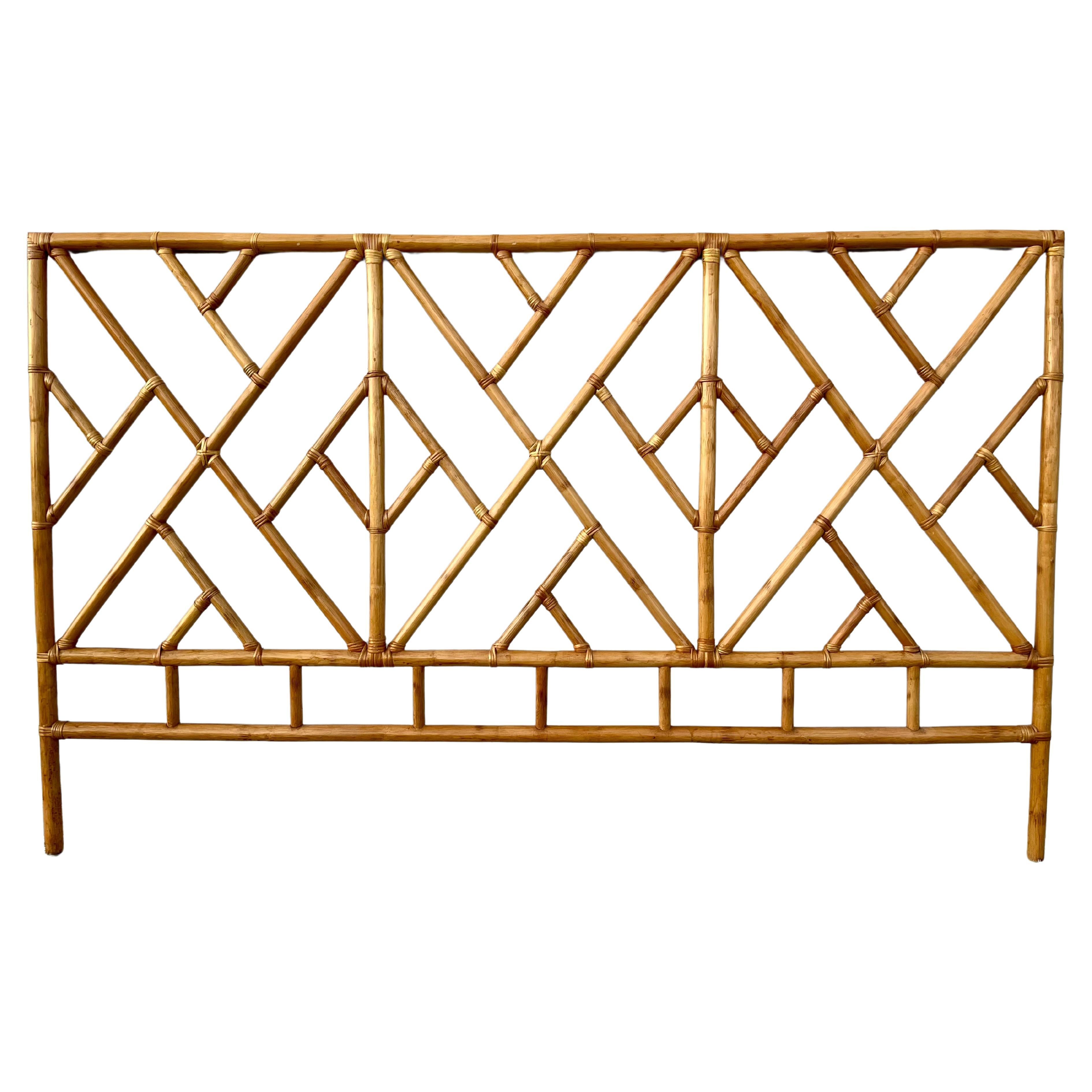 Coastal Style Boho Chic Bamboo and Rattan Queen Size Bed Headboard. Circa 1980s