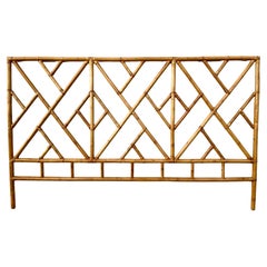 Vintage Coastal Style Boho Chic Bamboo and Rattan Queen Size Bed Headboard. Circa 1980s