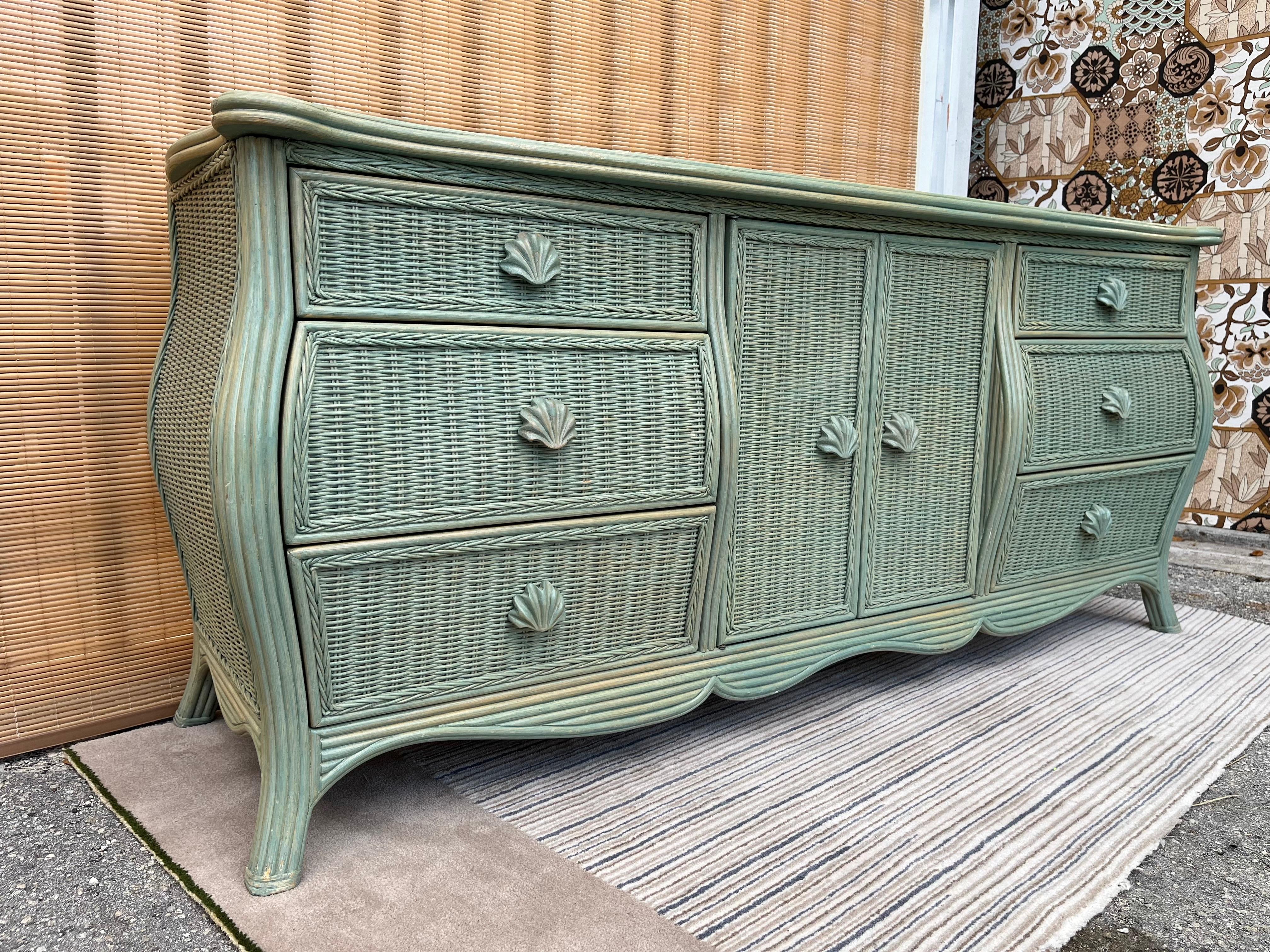 Hollywood Regency Coastal Style Pencil Reed and Wicker Dresser by Whitecraft Furniture