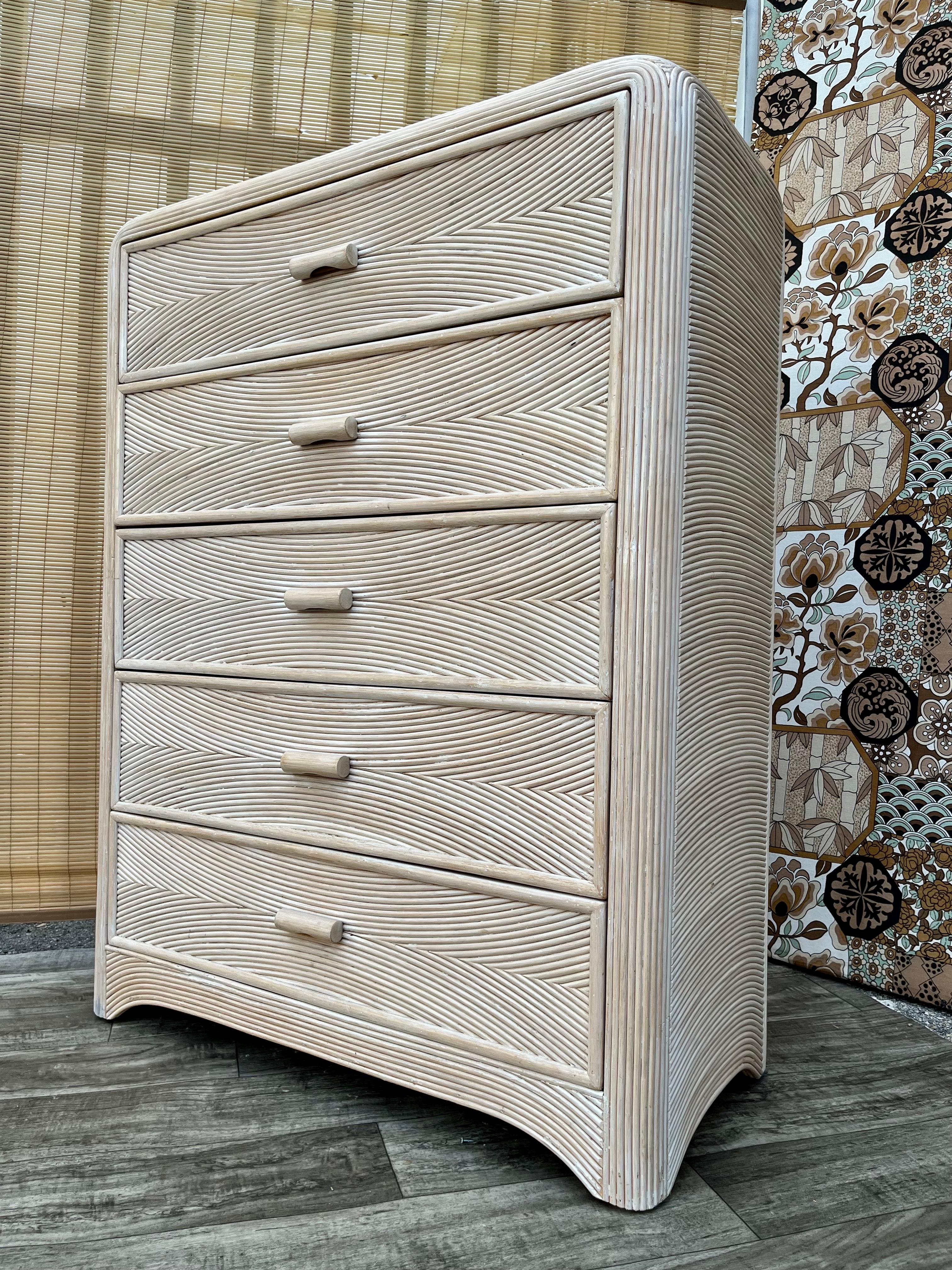Coastal Style Pencil Reed Highboy Dresser In Good Condition For Sale In Miami, FL