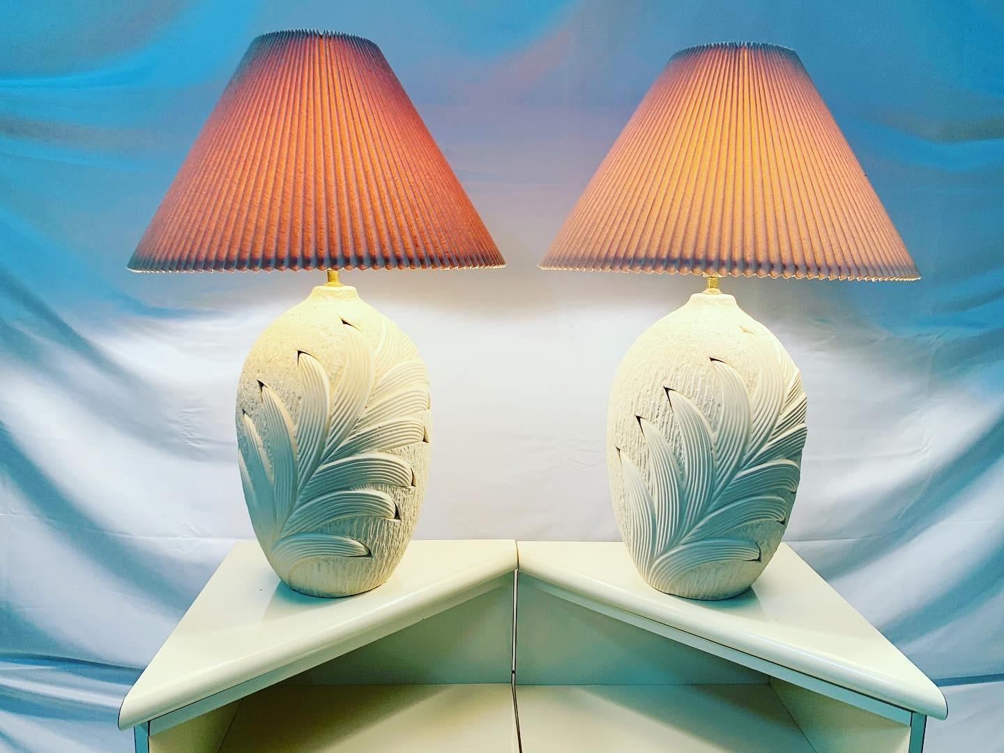 Post-Modern Coastal Style Plaster Palm Frond Leaf Table Lamps - a Pair For Sale