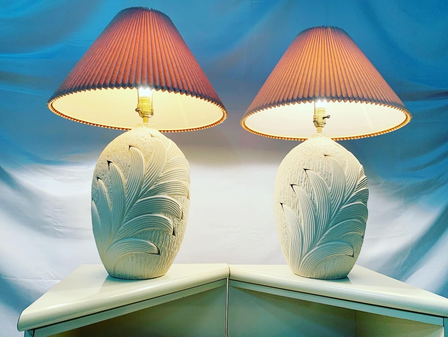 American Coastal Style Plaster Palm Frond Leaf Table Lamps - a Pair For Sale