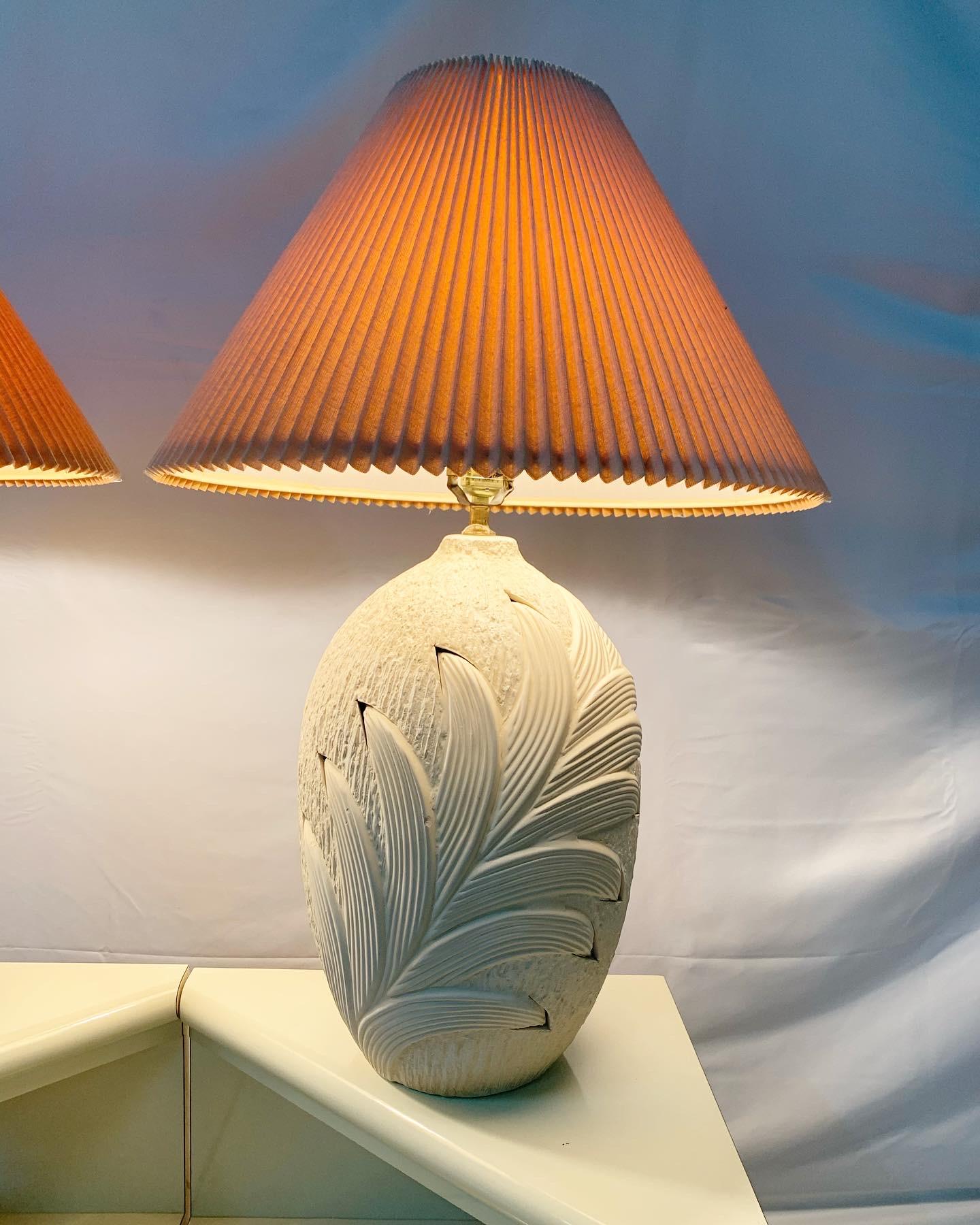 Coastal Style Plaster Palm Frond Leaf Table Lamps - a Pair In Good Condition In Delray Beach, FL