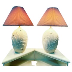 Vintage Coastal Style Plaster Palm Frond Leaf Table Lamps - a Pair