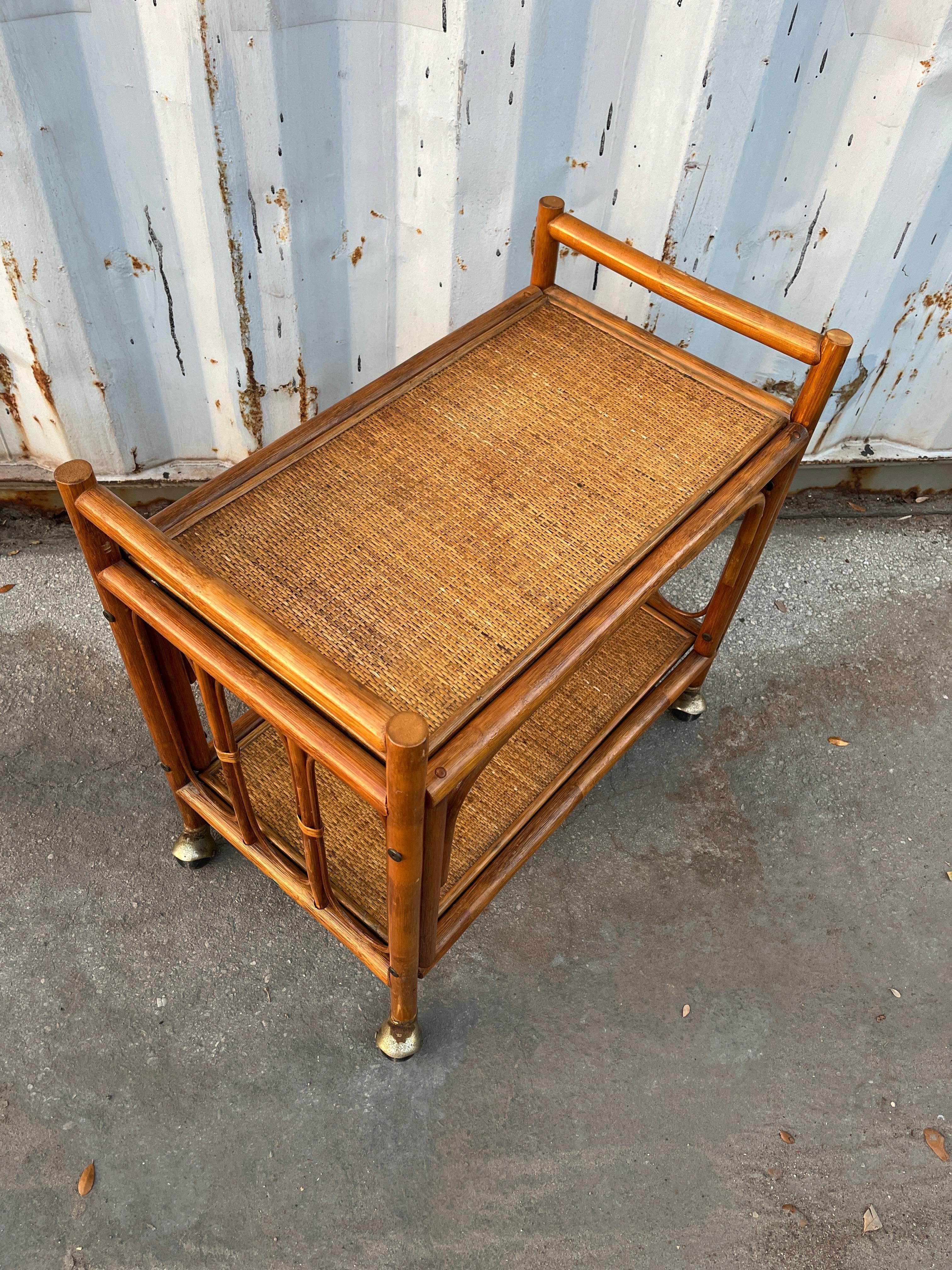 Bohemian Coastal Style Rattan Dry Bar/ Serving Cart. Circa 1970s For Sale