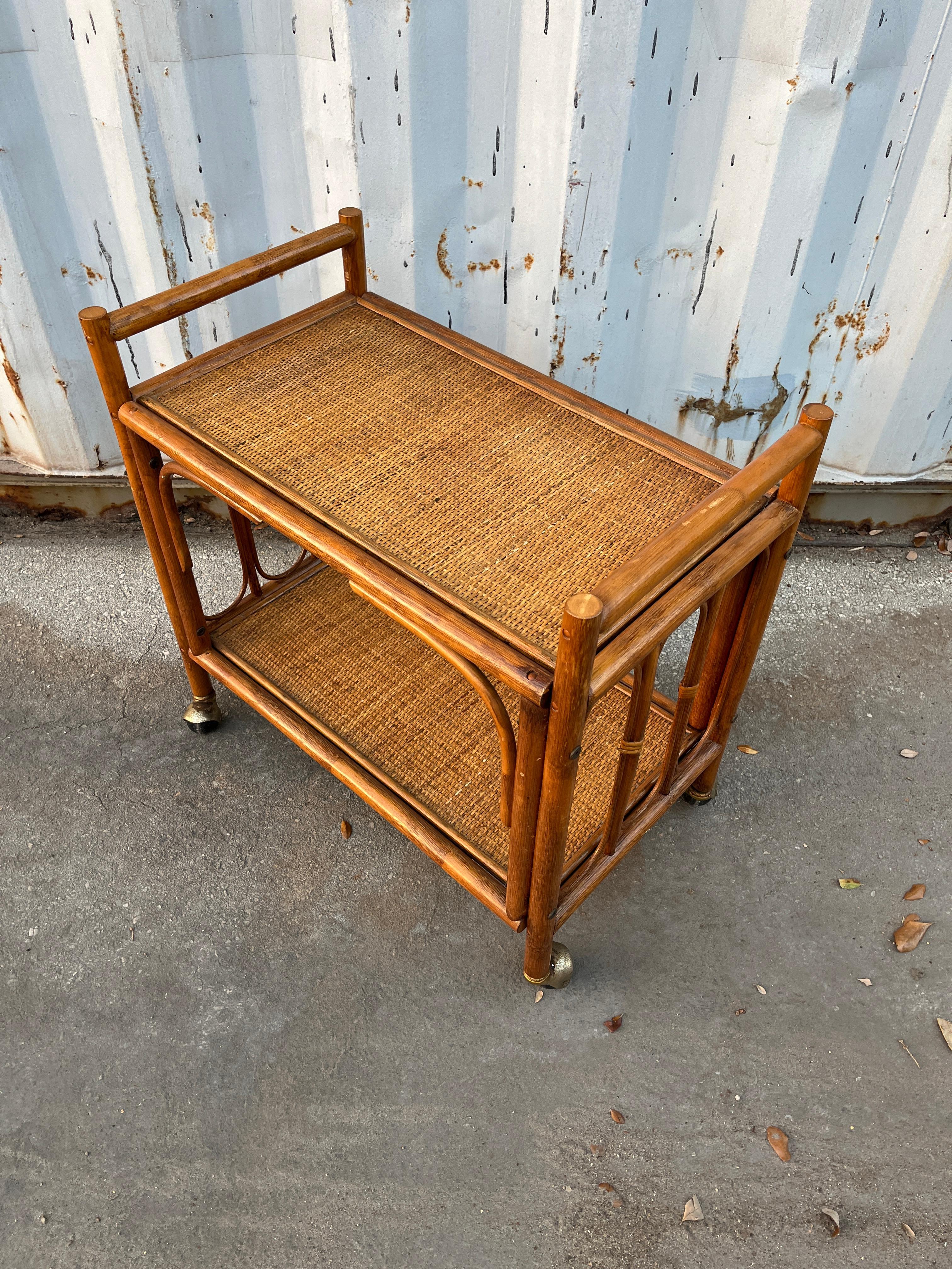 Chinese Coastal Style Rattan Dry Bar/ Serving Cart. Circa 1970s For Sale