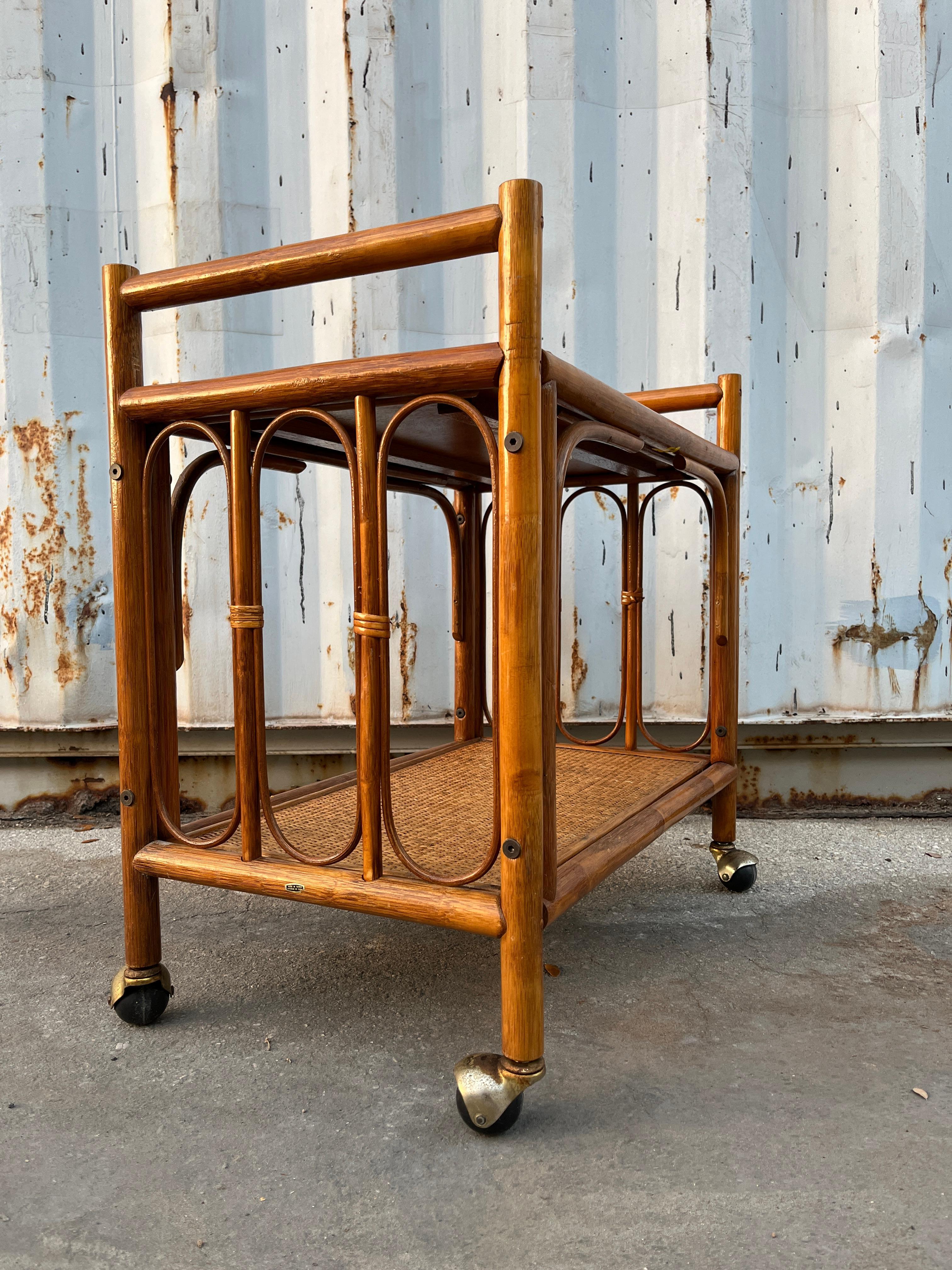 Late 20th Century Coastal Style Rattan Dry Bar/ Serving Cart. Circa 1970s For Sale