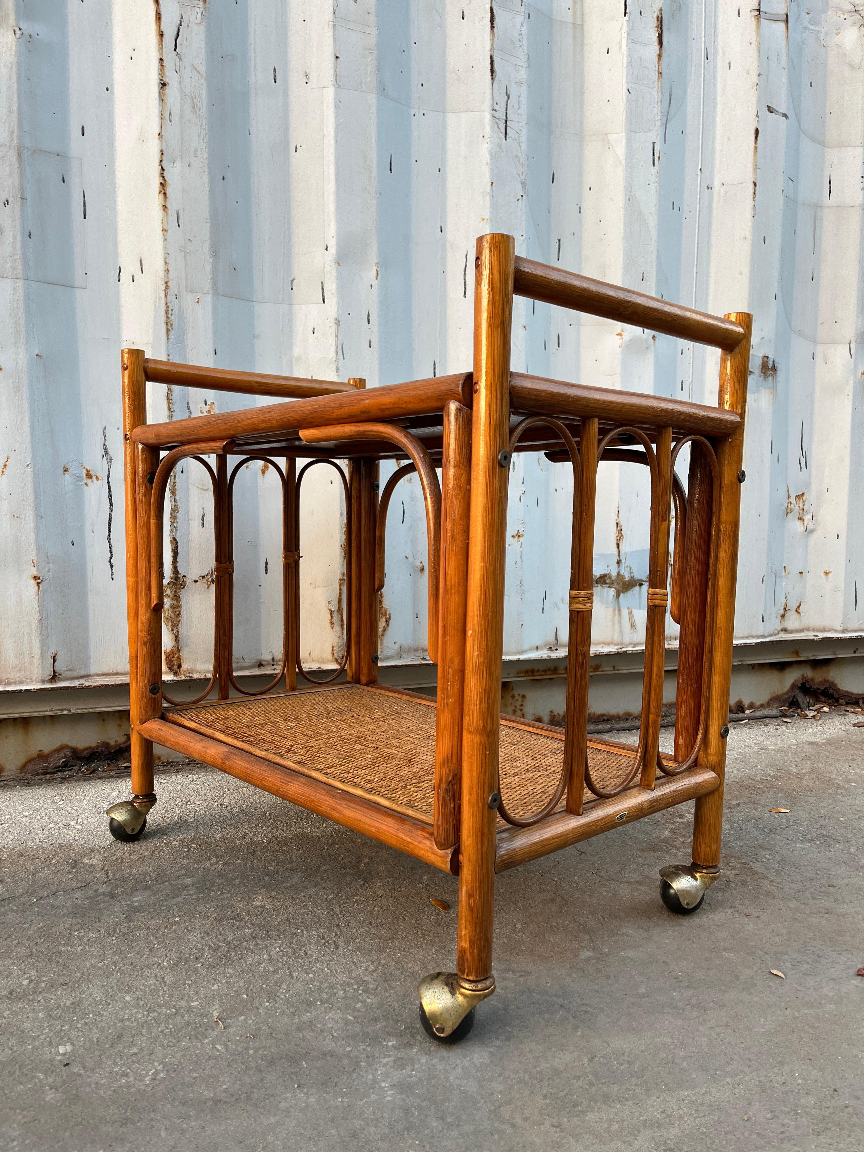 Bamboo Coastal Style Rattan Dry Bar/ Serving Cart. Circa 1970s For Sale