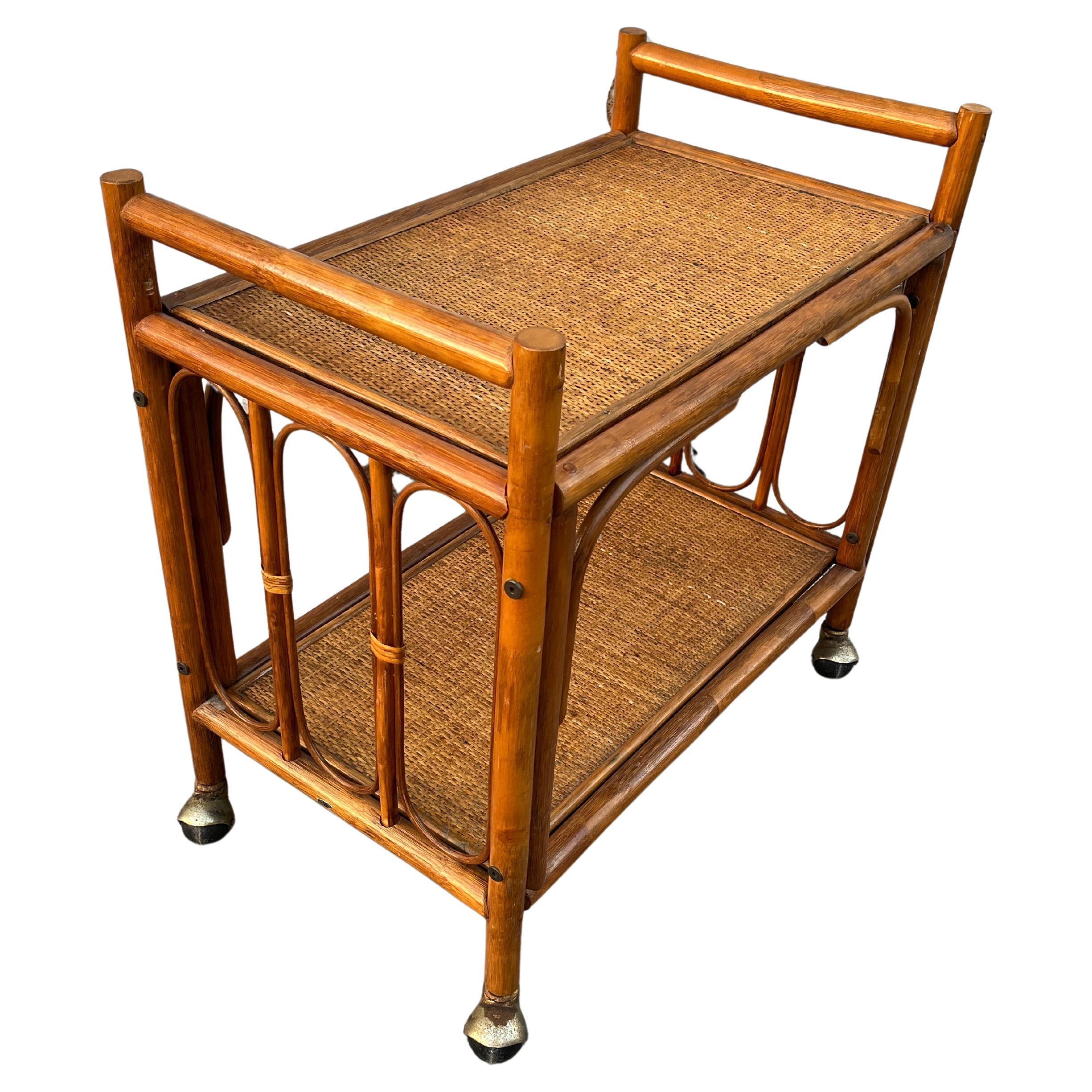 Coastal Style Rattan Dry Bar/ Serving Cart. Circa 1970s For Sale