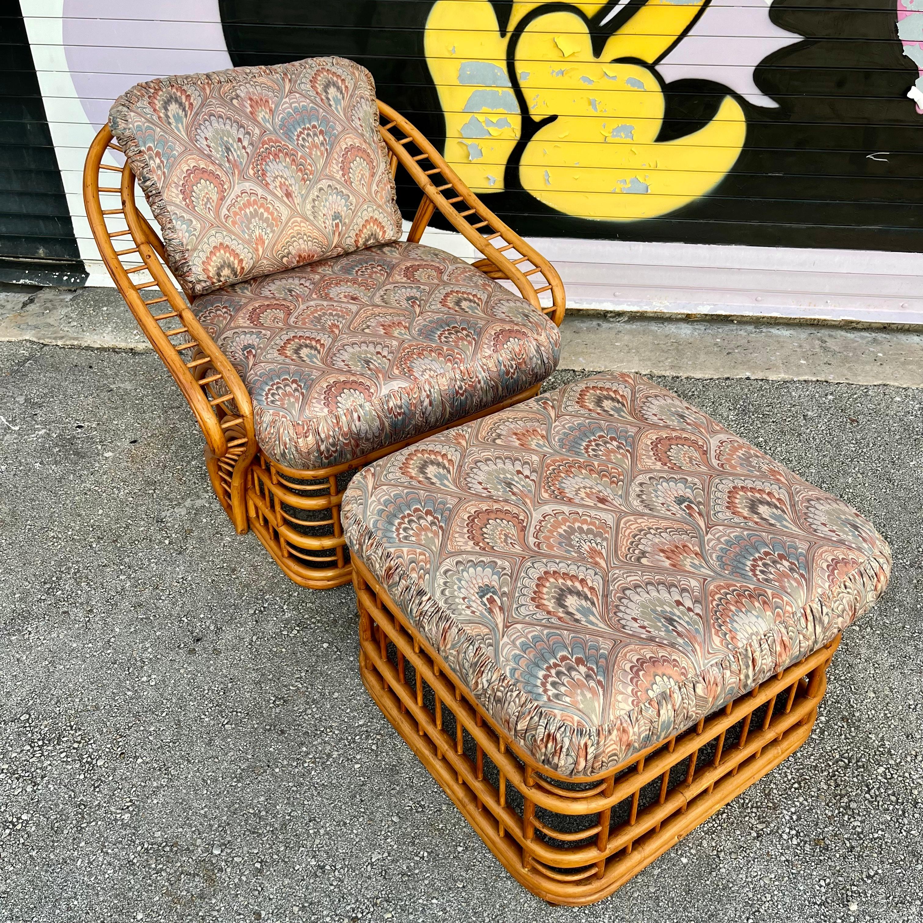 Bohemian Coastal Style Rattan Lounge Chair and Ottoman Set by Whitecraft Rattan. C 1970s  For Sale