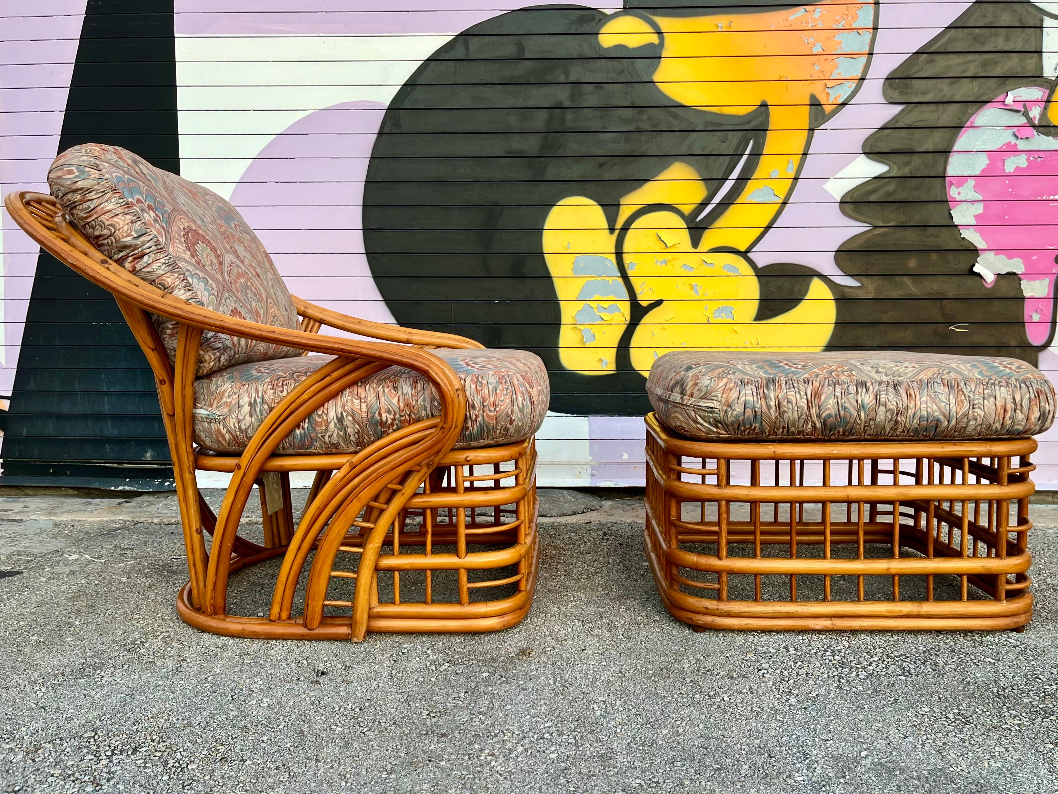 American Coastal Style Rattan Lounge Chair and Ottoman Set by Whitecraft Rattan. C 1970s  For Sale