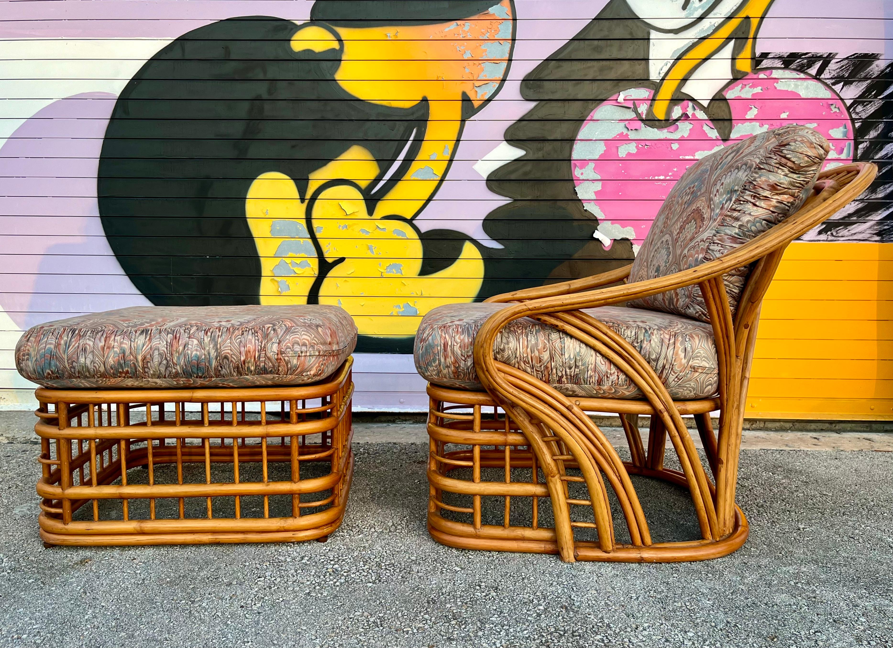 Late 20th Century Coastal Style Rattan Lounge Chair and Ottoman Set by Whitecraft Rattan. C 1970s  For Sale