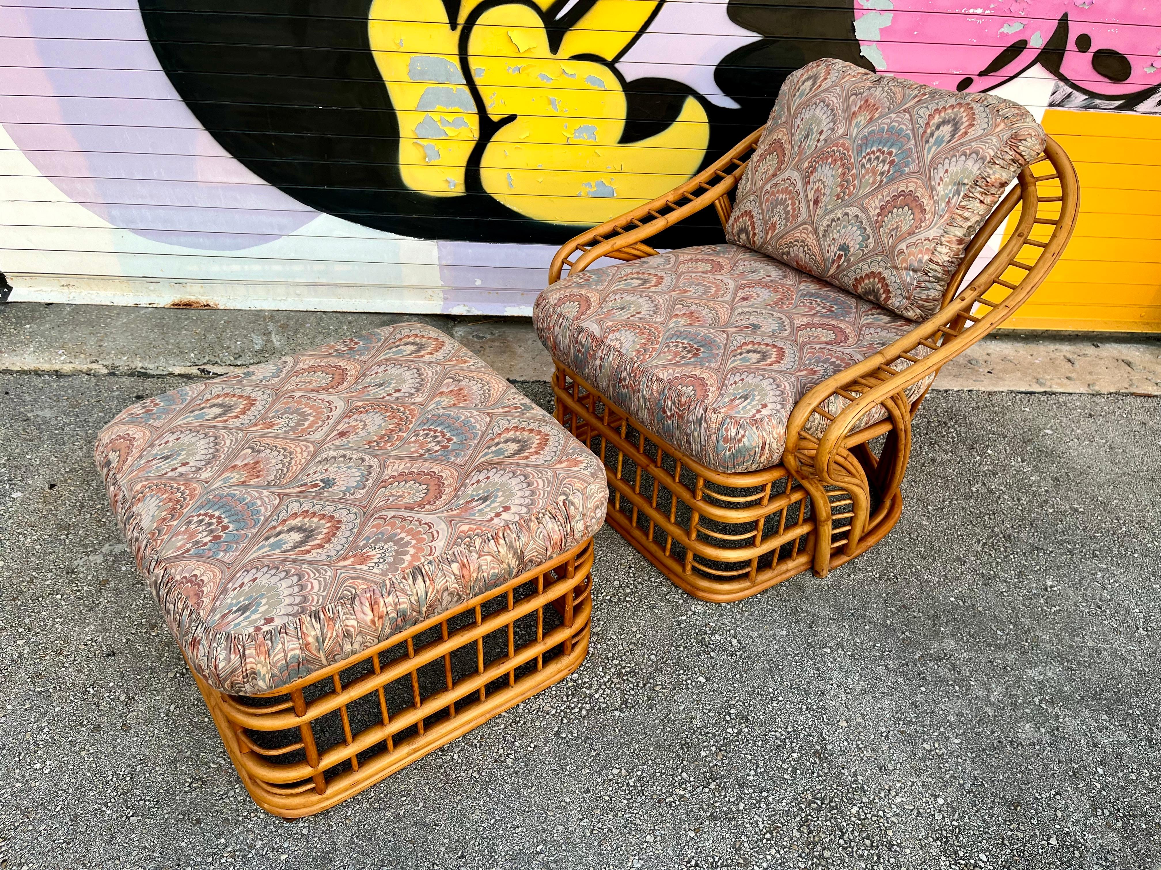 Coastal Style Rattan Lounge Chair and Ottoman Set by Whitecraft Rattan. C 1970s  For Sale 1