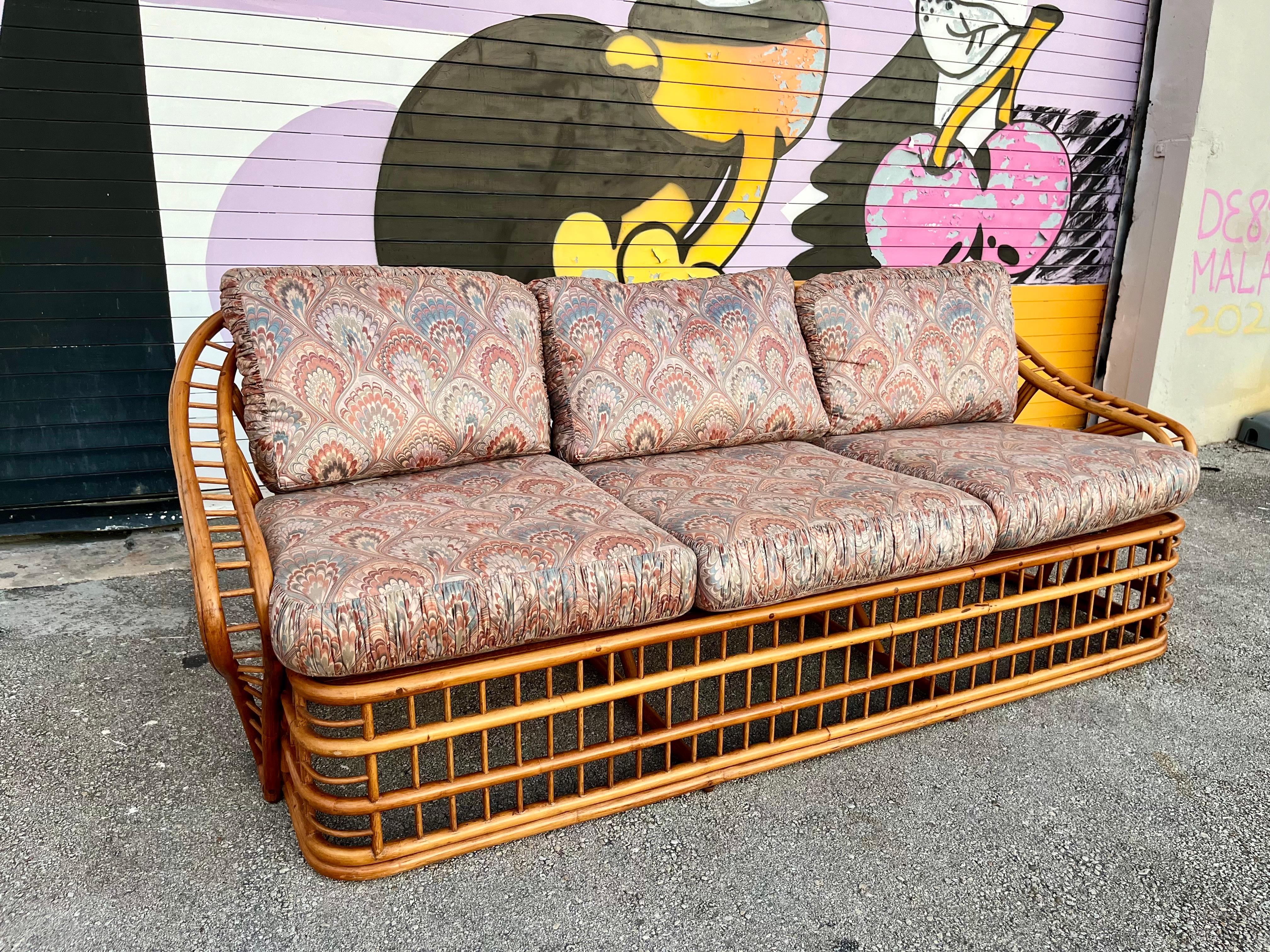 American Coastal Style Rattan Sofa by Whitecraft Rattan Inc, Miami FL. Circa 1970s For Sale