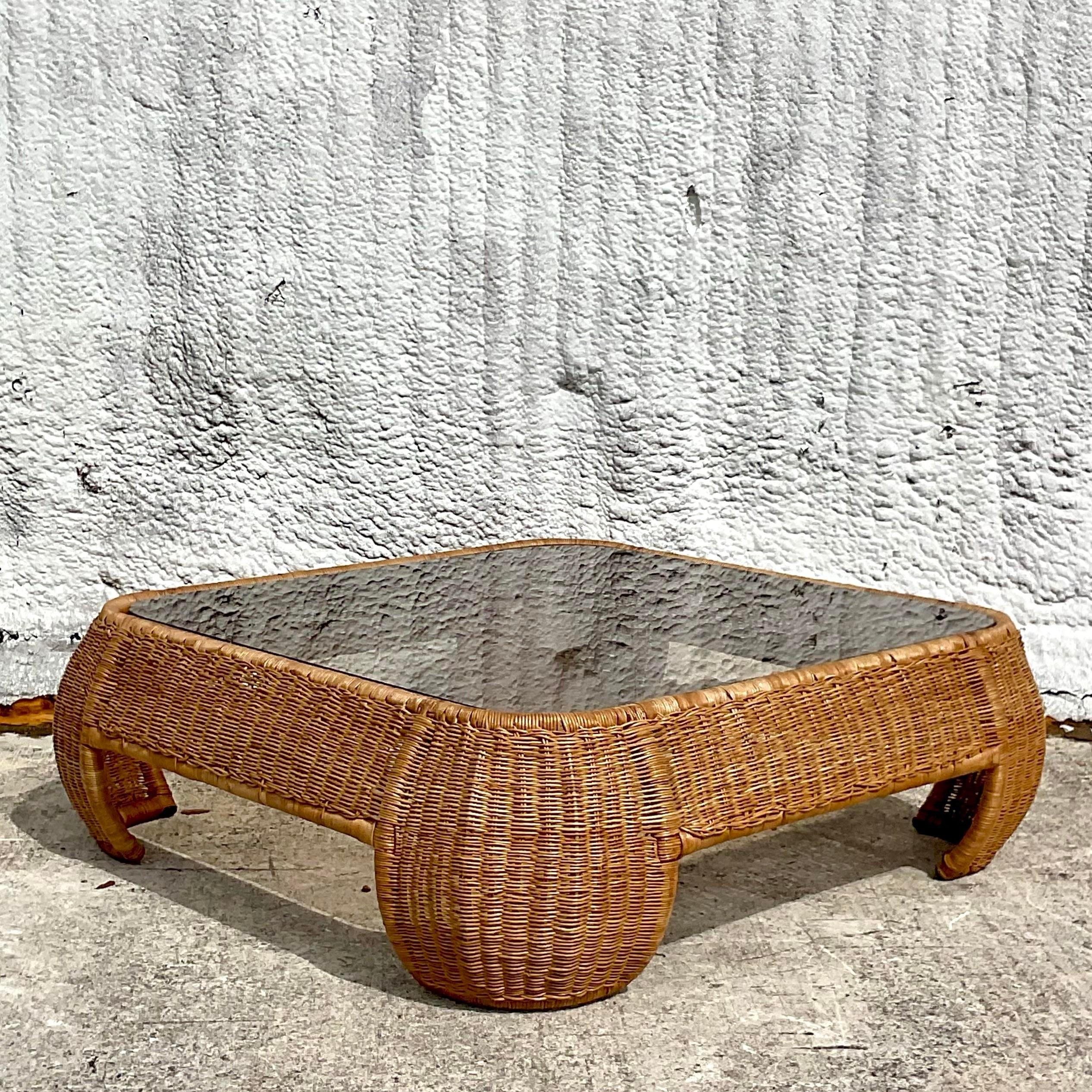 Philippine Coastal Style Woven Rattan Coffee Table For Sale