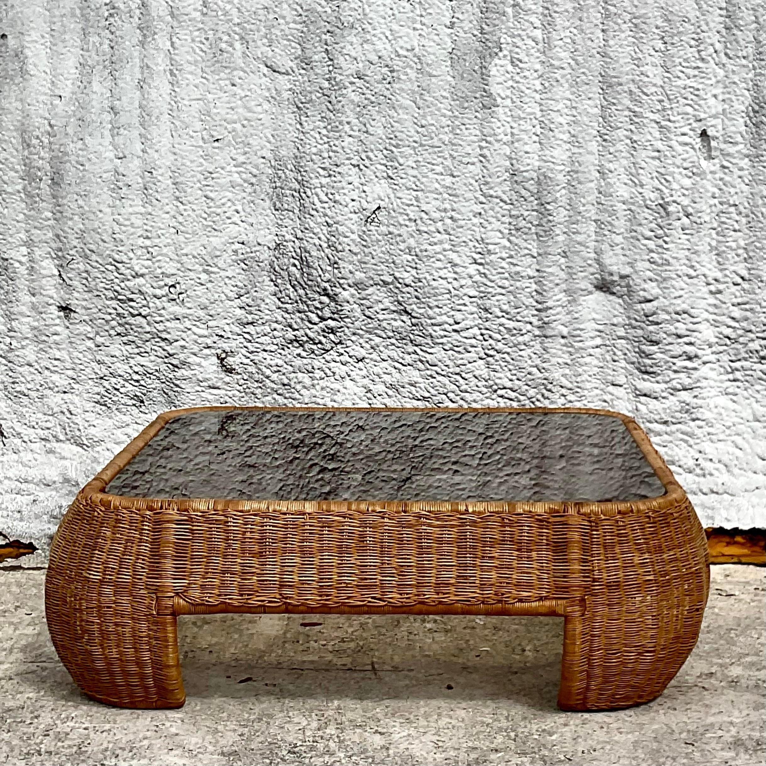 Contemporary Coastal Style Woven Rattan Coffee Table For Sale