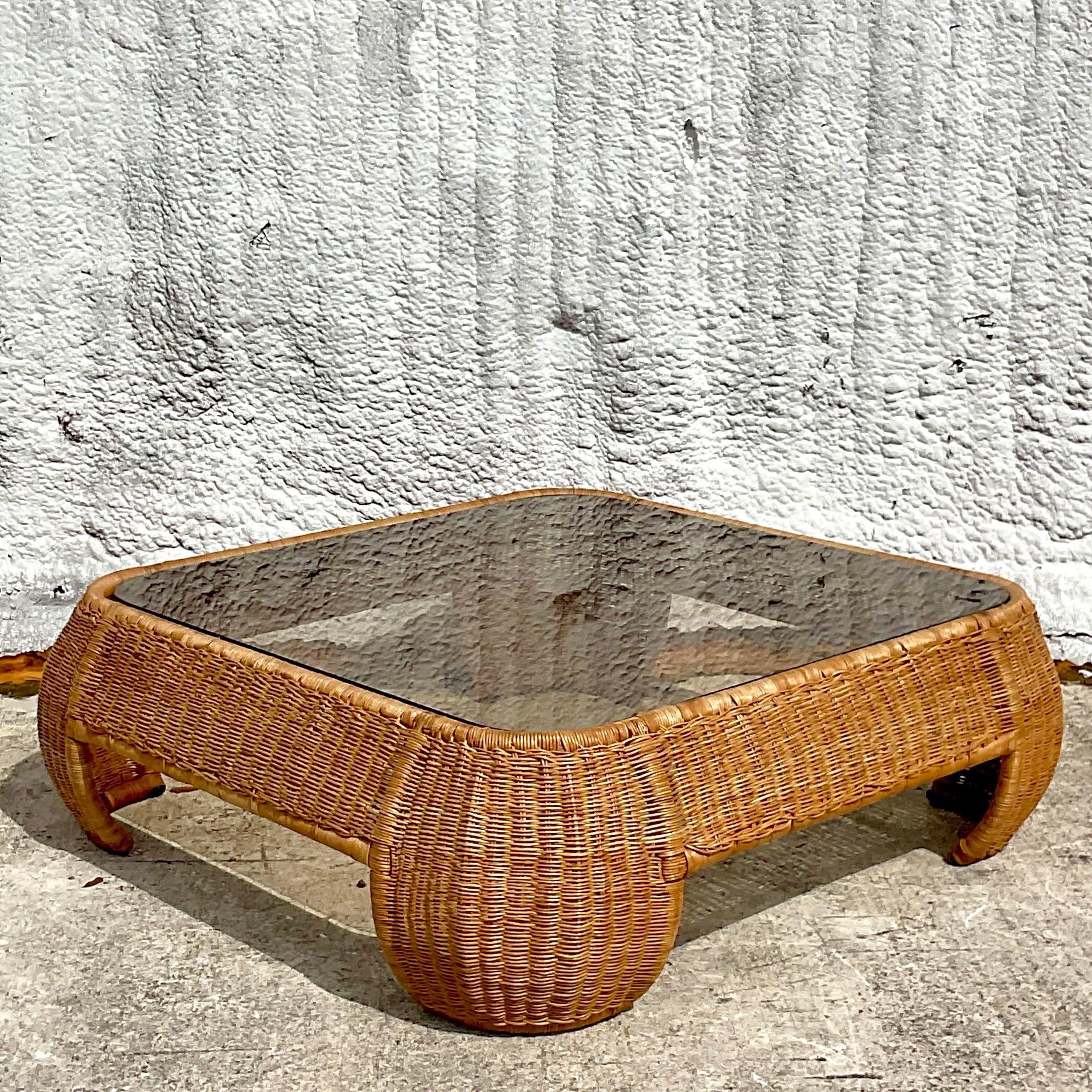 Coastal Style Woven Rattan Coffee Table For Sale 1