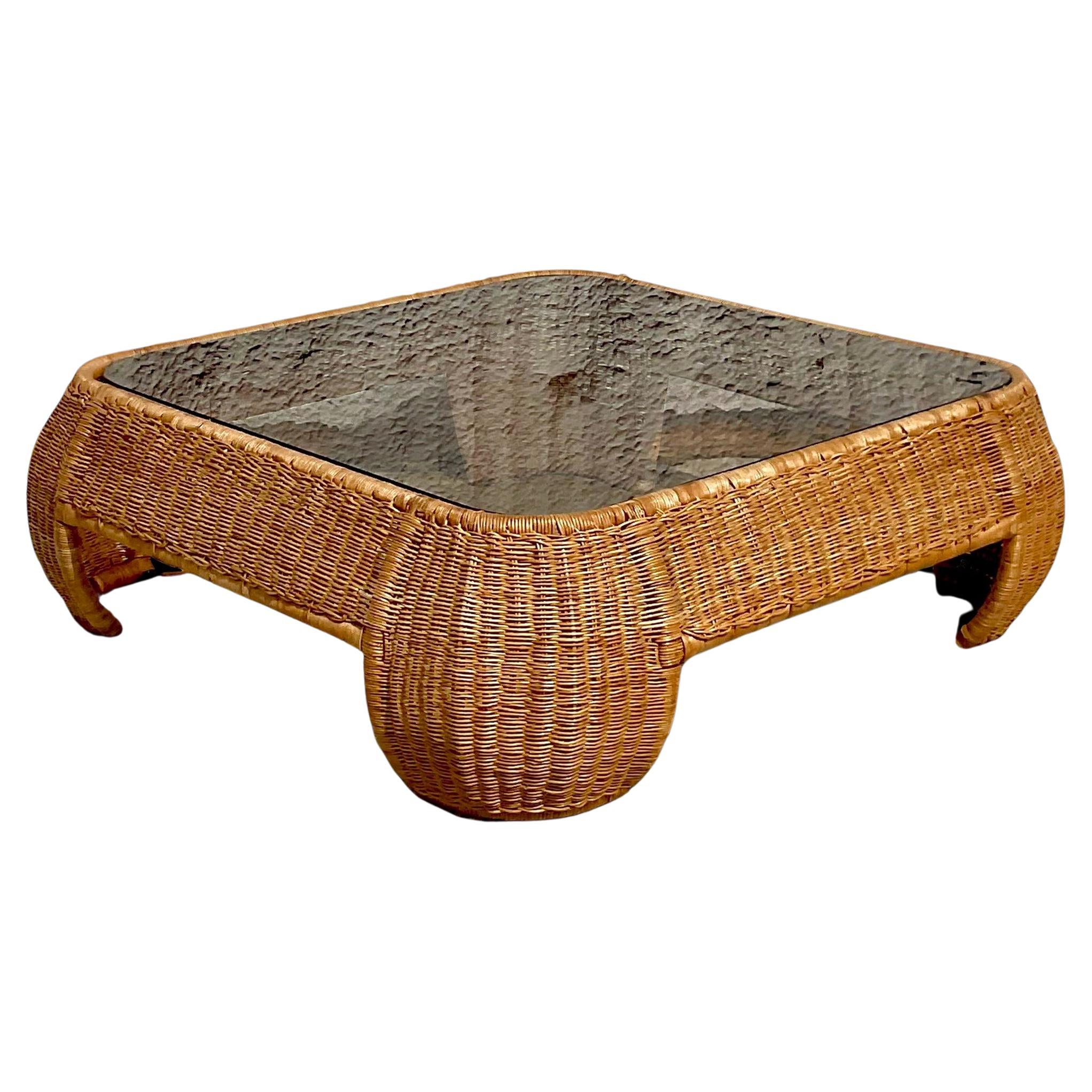 Coastal Style Woven Rattan Coffee Table For Sale