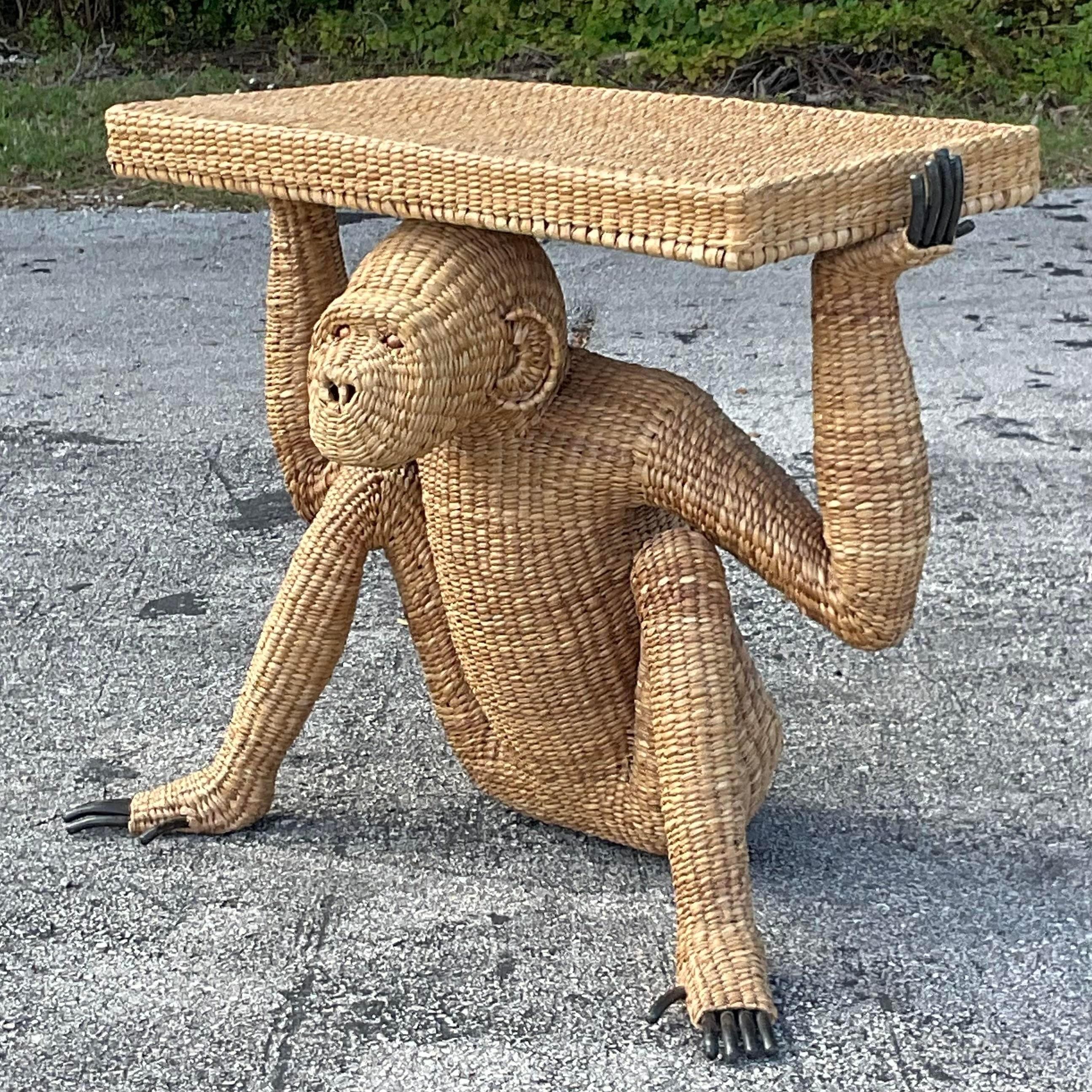 Coastal Tagged Mario Lopez Torres Rattan Monkey Console Table In Good Condition In west palm beach, FL