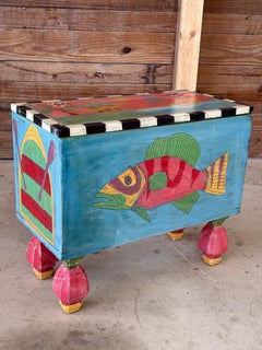 Coastal Vibrant Whimsical Folk Art Hand Painted Trunk by Terry Causey