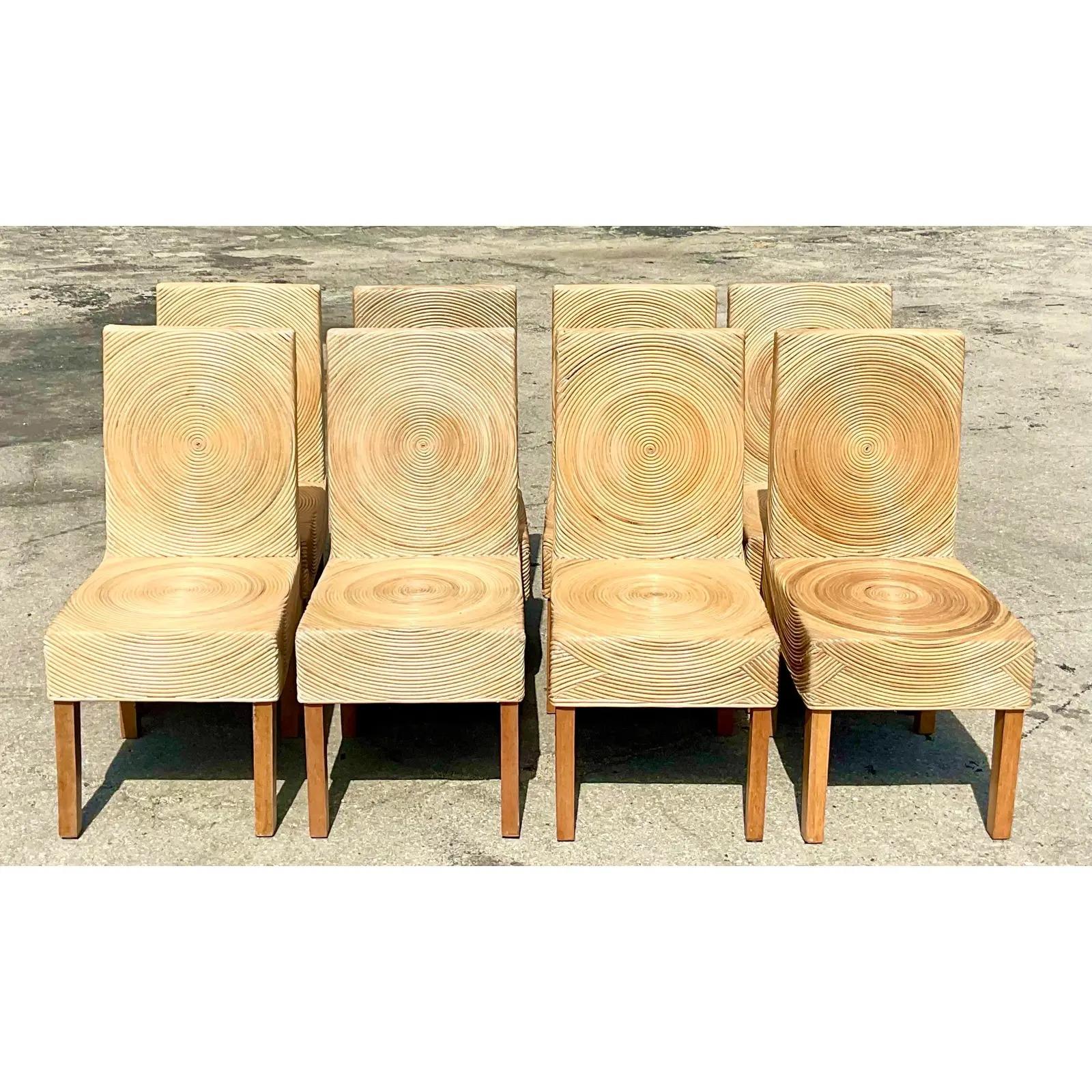 Philippine Coastal Vintage Pencil Reed Circle Dining Chairs, Set of 8