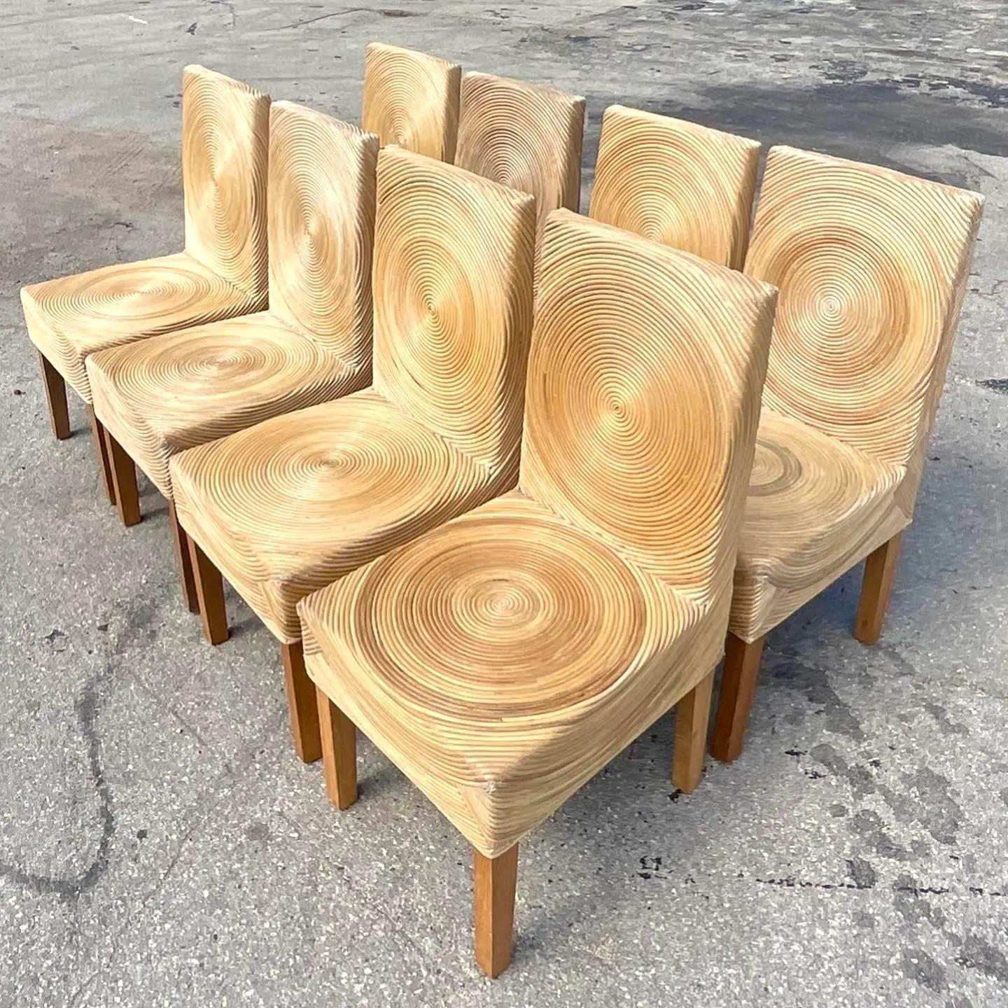20th Century Coastal Vintage Pencil Reed Circle Dining Chairs, Set of 8