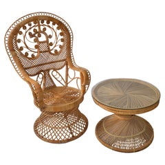 Coastal Retro Round Rattan Accent Table Hand-Woven Wicker Caning Peacock Chair