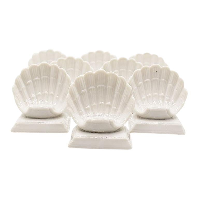 Coastal White Ceramic Shell Motif Place Card Holders, Set of 8