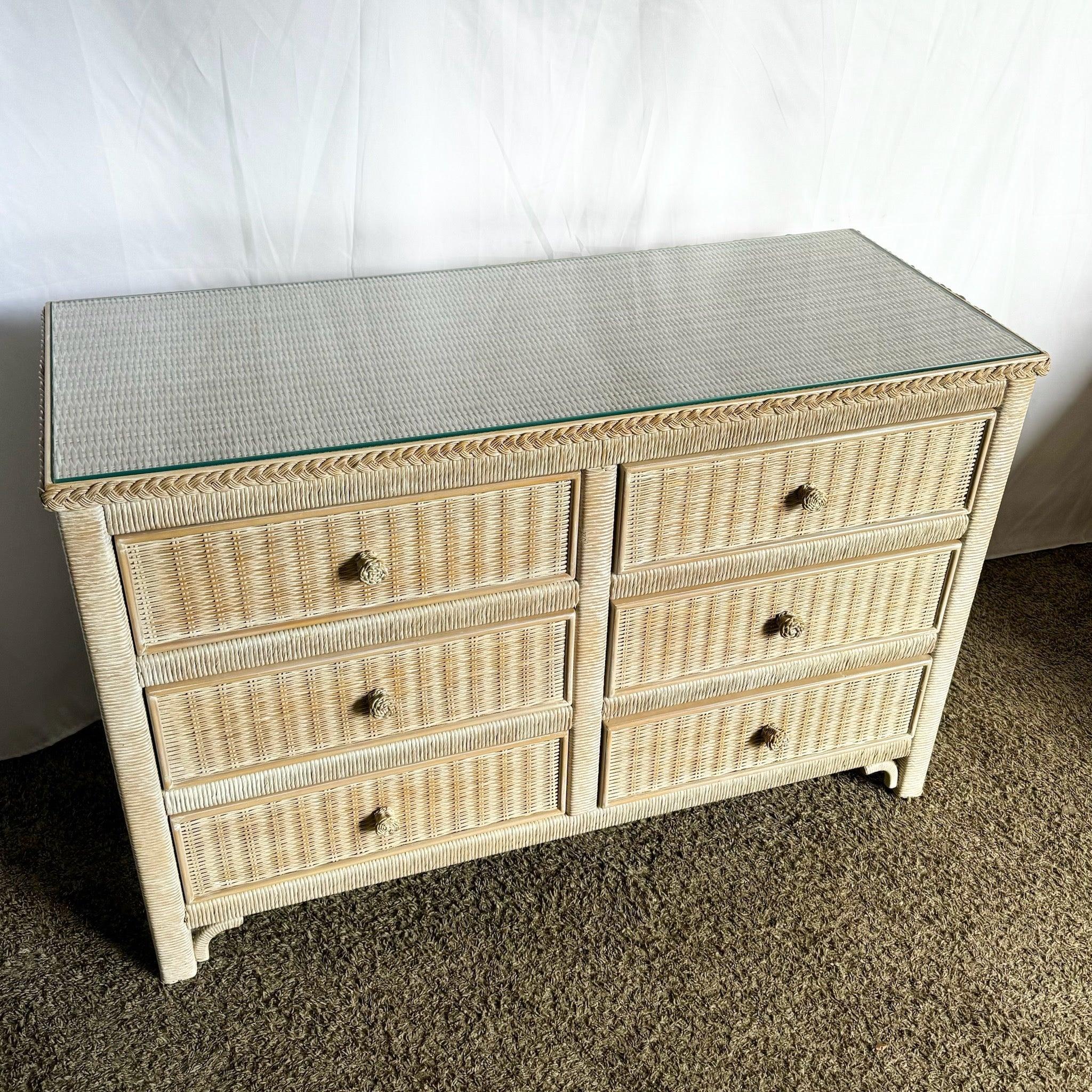 Coastal White Washed Wicker Dresser—six drawers with seashell-style knobs and braided trim evoke the elegance of old Florida estates.
 
 We sell items as acquired, without restoring or repairing. Vintage pieces may have age-related wear. Review