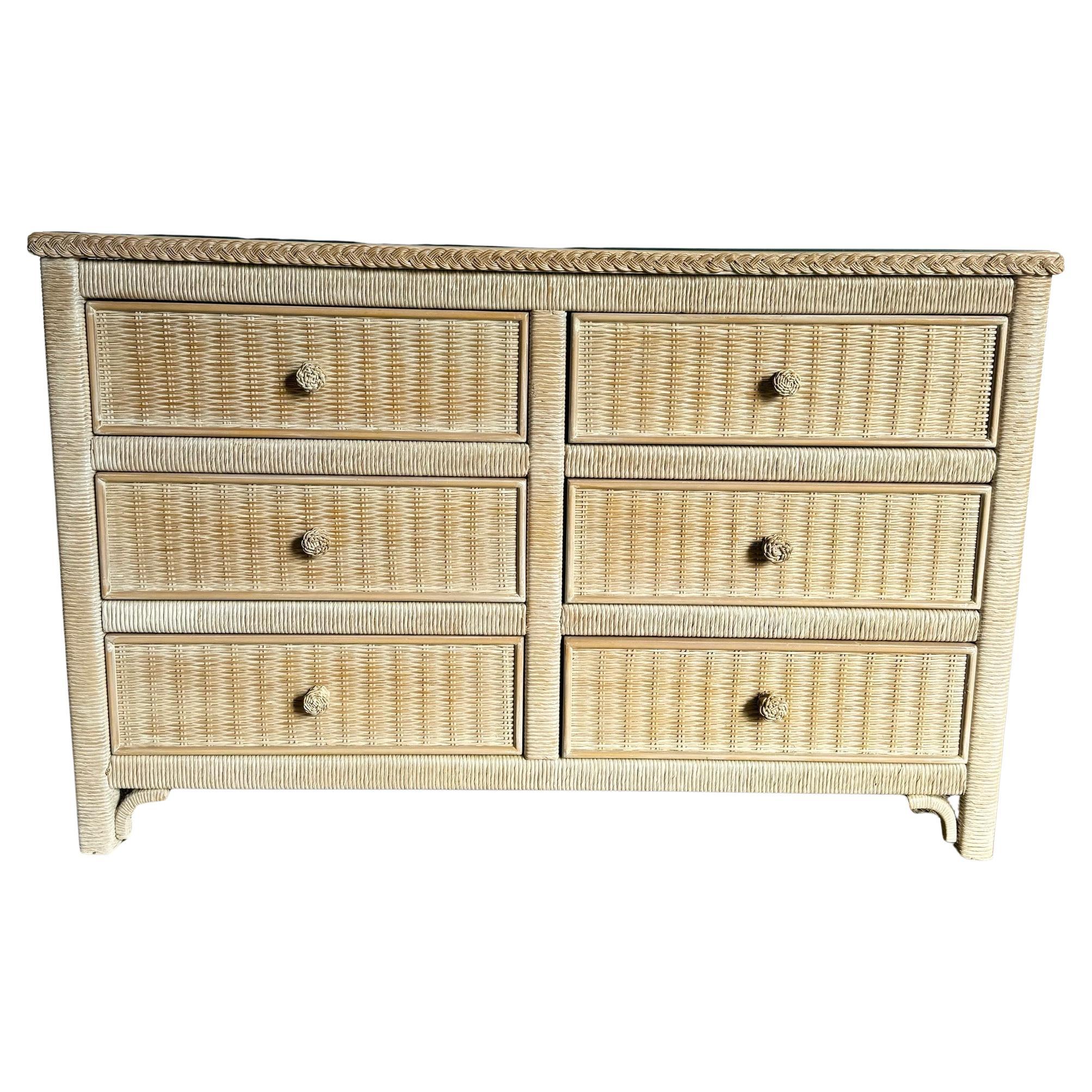 Coastal White Washed Henry Link Wicker Dresser by Lexington - 6 Drawers For Sale