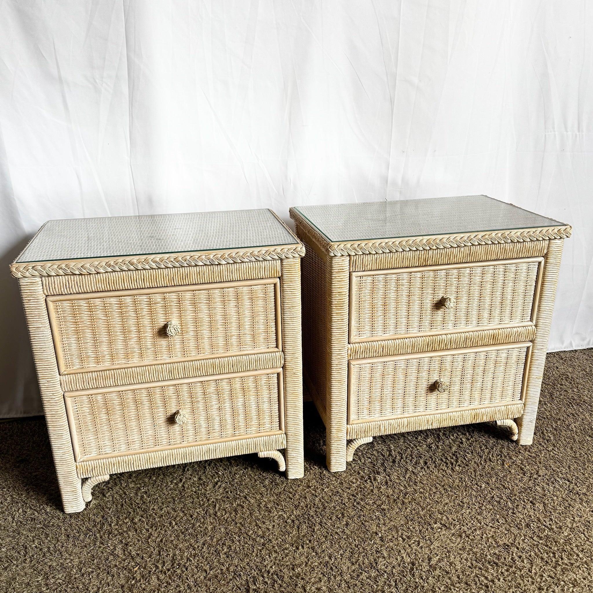 Enhance your bedroom with Coastal White Washed Henry Link Nightstands—wicker elegance, shell knobs, and glass‑topped sophistication.
 
 We sell items as acquired, without restoring or repairing. Vintage pieces may have age-related wear. Review