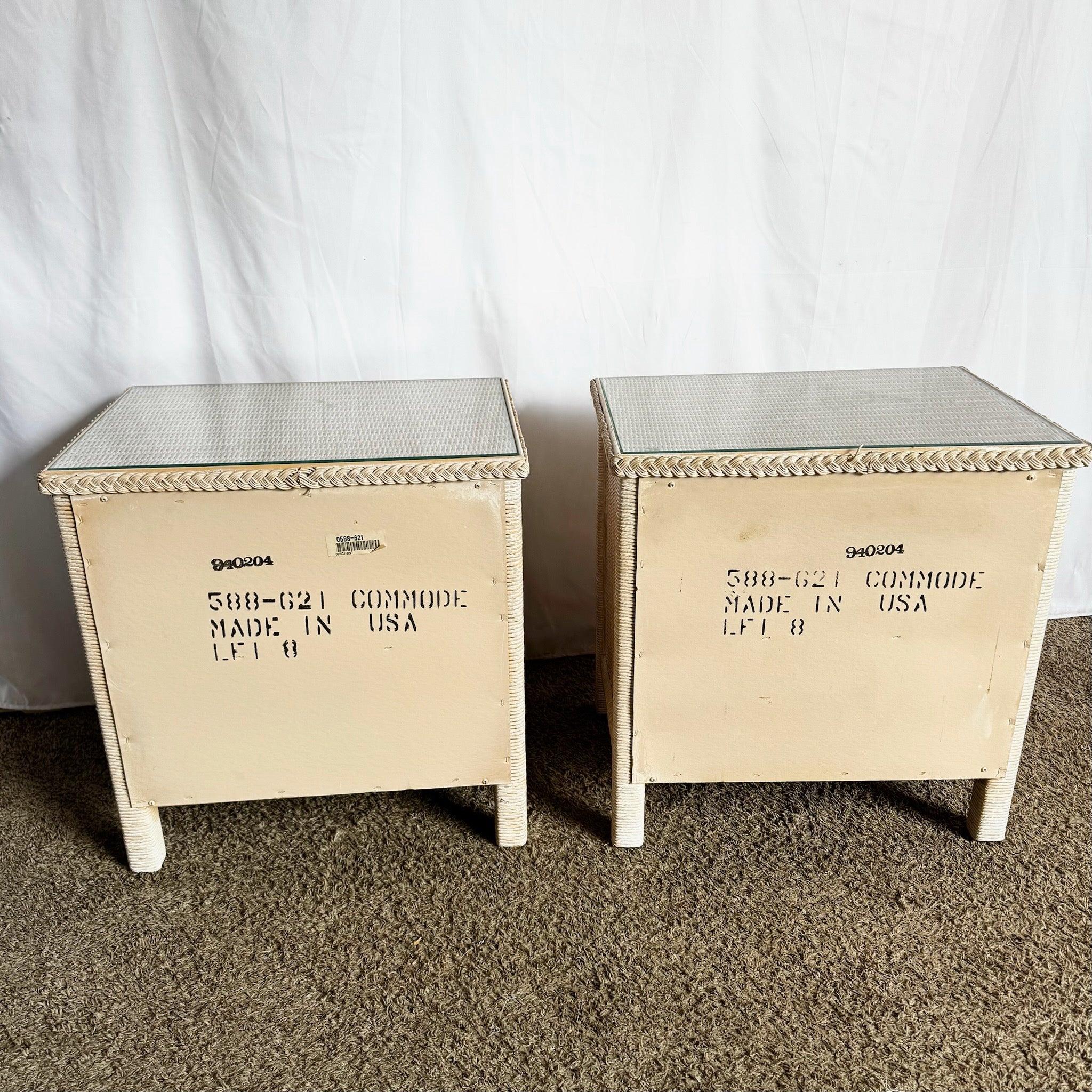 American Coastal White Washed Henry Link Wicker Nightstands by Lexington - A Pair For Sale